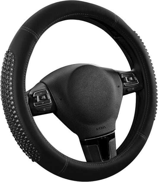 PIC AUTO Gel Particles Steering Wheel Cover, Black Luxury Leather Car Steering Wheel Protector, Universal Fit 14.5"-15.5" Anti-Slip Car Interior Accessories for Girls & Women