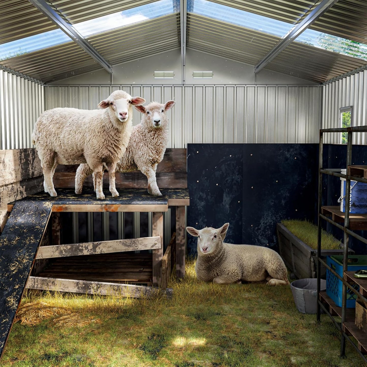 10X12X7.5 FT Outdoor Steel Storage Shed with Lockable Doors, 2 Windows, Transparent Roof Panels, Metal Frame Floor (Wood Panels Not Included), Ideal for Backyard, Patio Storage,Chicken Coop