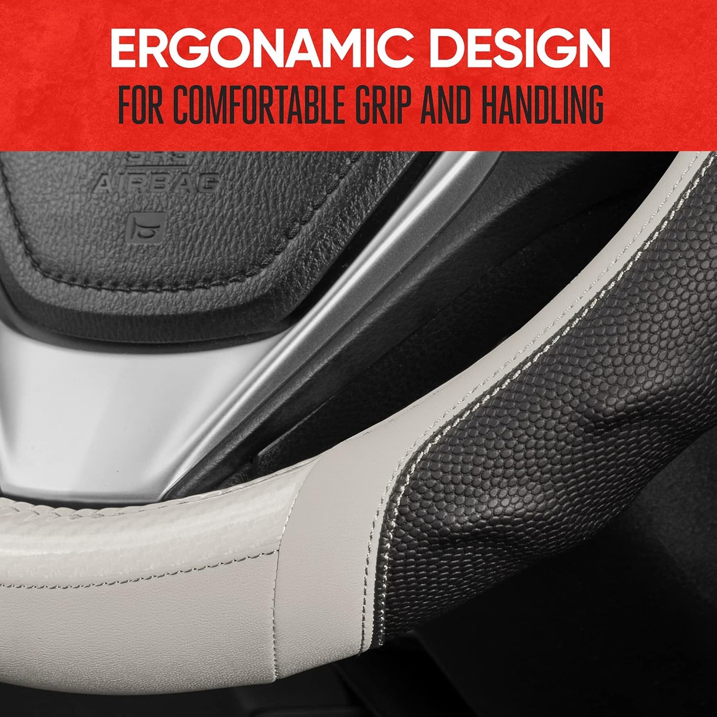 Motor Trend UltraSport White Carbon Fiber Steering Wheel Cover, Standard 15 inch Size, Black Faux Leather Comfort Grip, Car Steering Wheel Cover for Auto Truck Van SUV