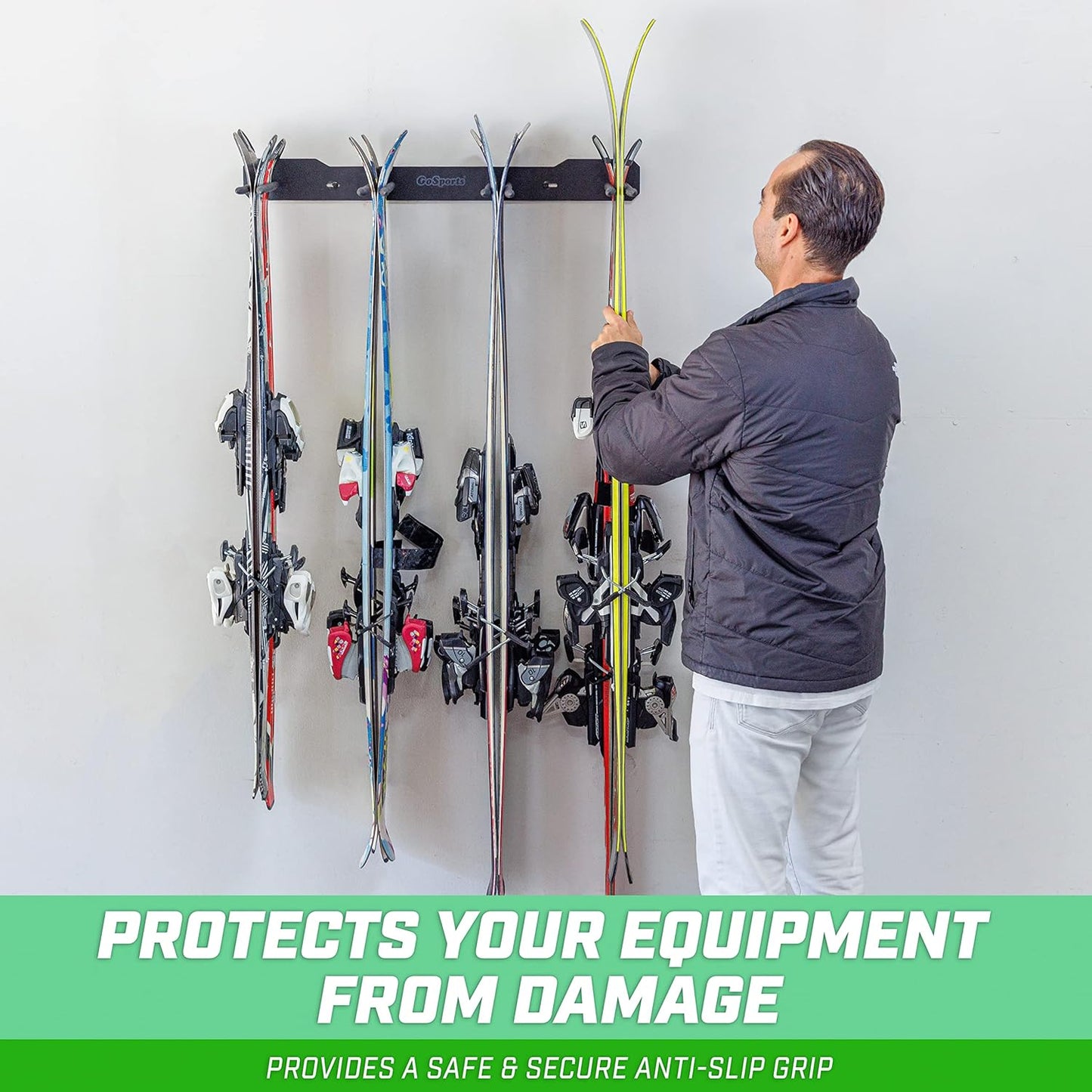 GoSports Wall Mounted Ski and Snowboard Storage Rack - 2 or 8 Ski Sizes