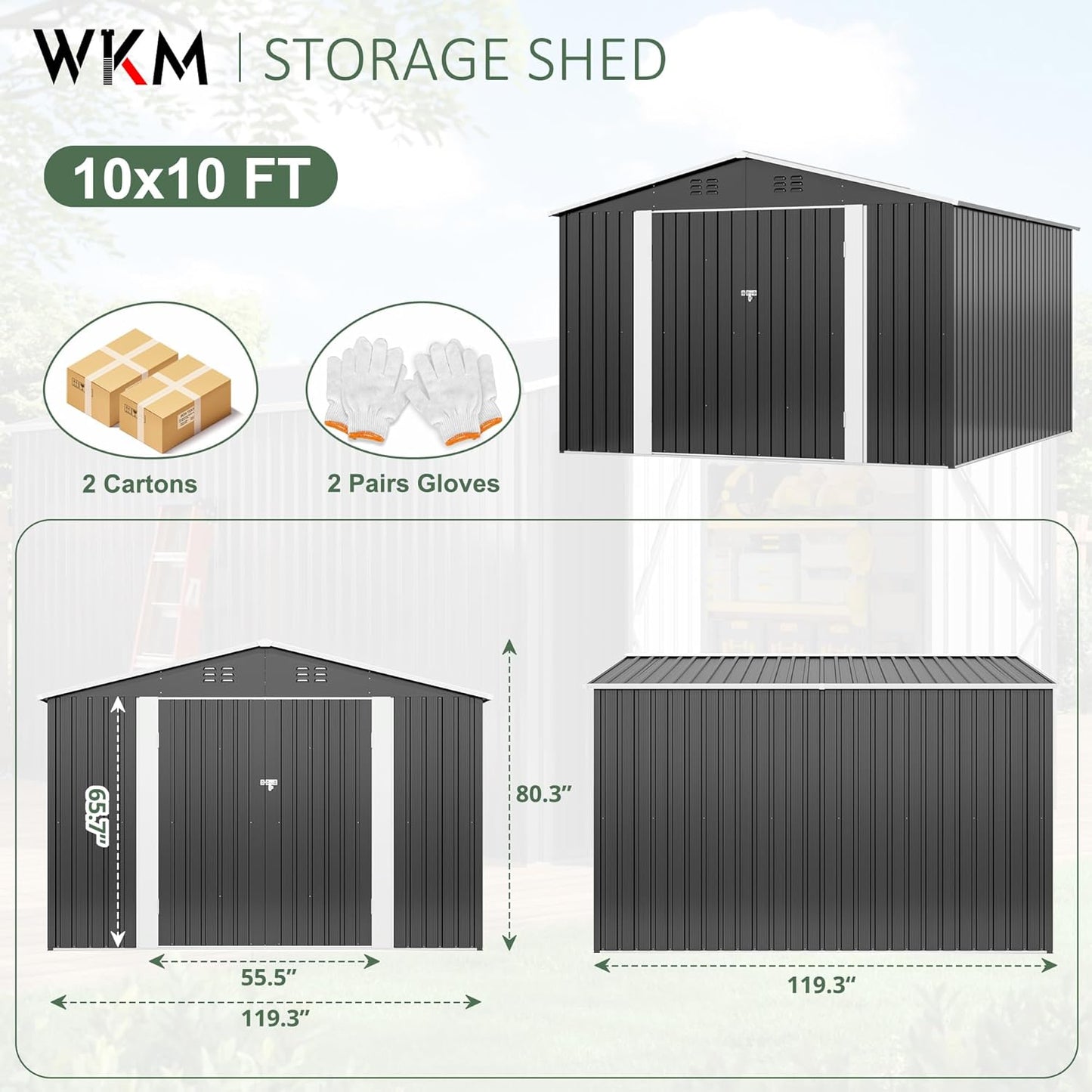 WKM 10x10 FT Outdoor Storage Shed, Utility Metal Tool Storage with Lockable Doors and Updated Frame Structure, Metal Garden Shed for Backyard, Patio Lawn, Black