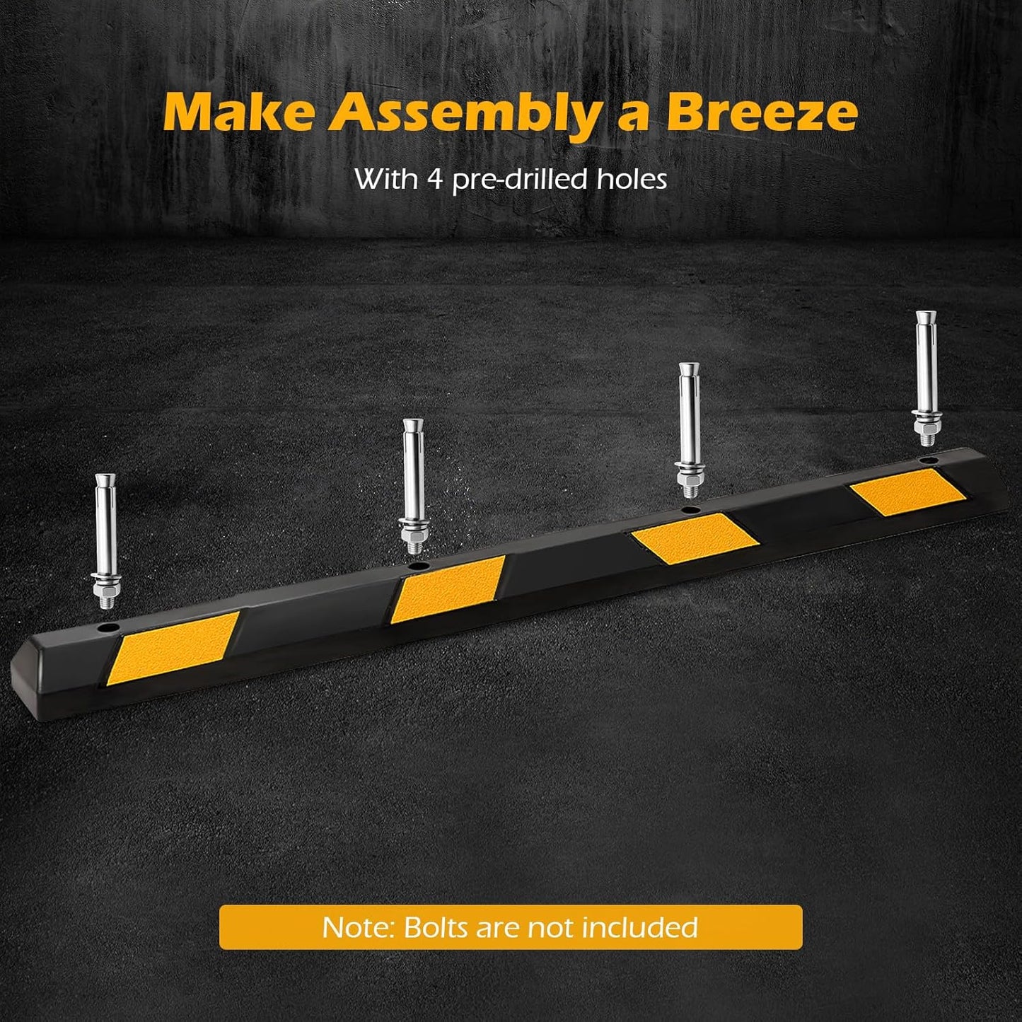 Rubber Parking Curb Garage Floor Stopper, 72" Heavy Duty Parking Lot Stopper with Yellow Reflective Stripes, Guide Wheel Stopper for Car, Truck, RV, Trailer, Driveway (8 Pack)