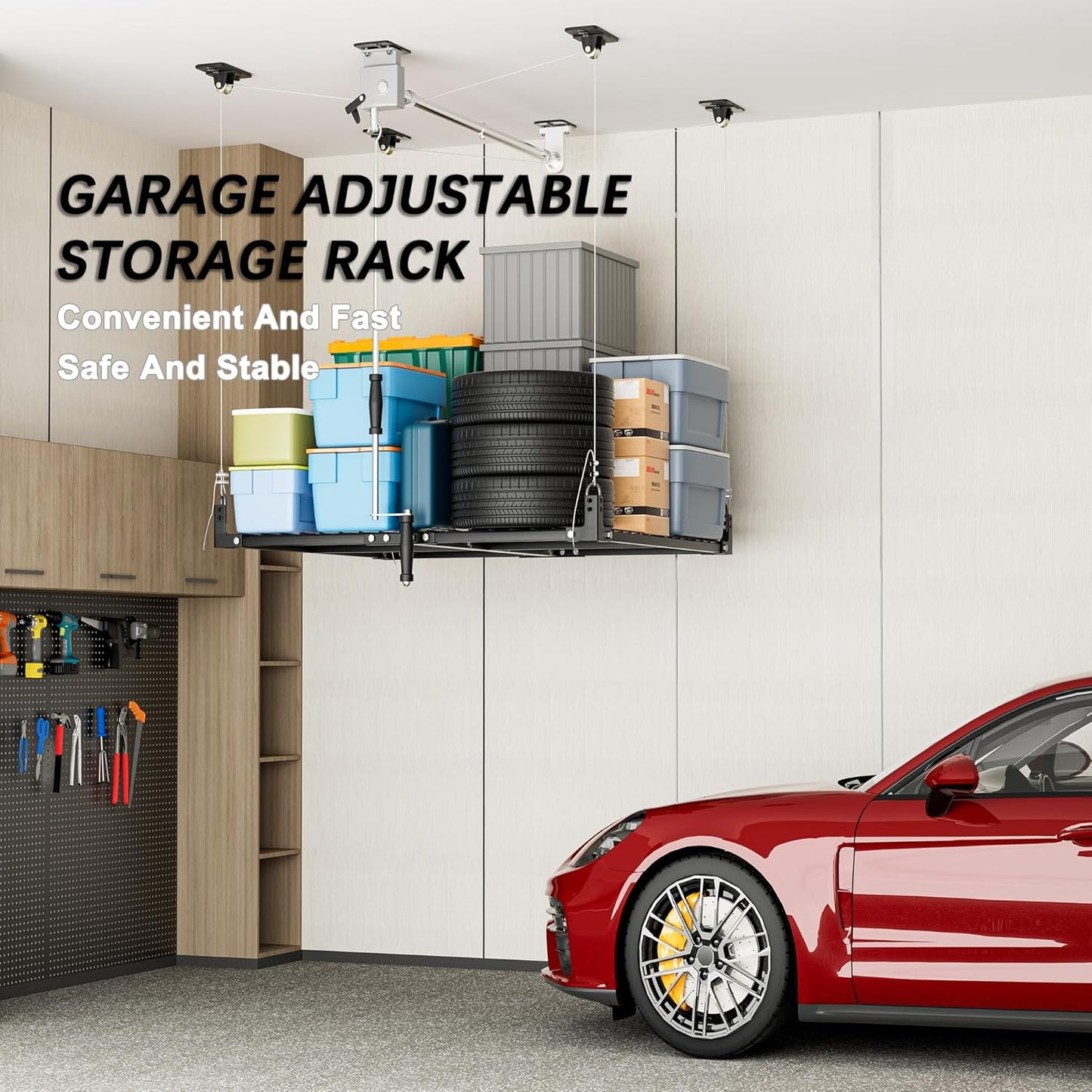 4x4FT Ceiling Storage Racks Lift,Overhead Garage Storage Rack,Adjustable Organization System,Workshops or Basements(Black)