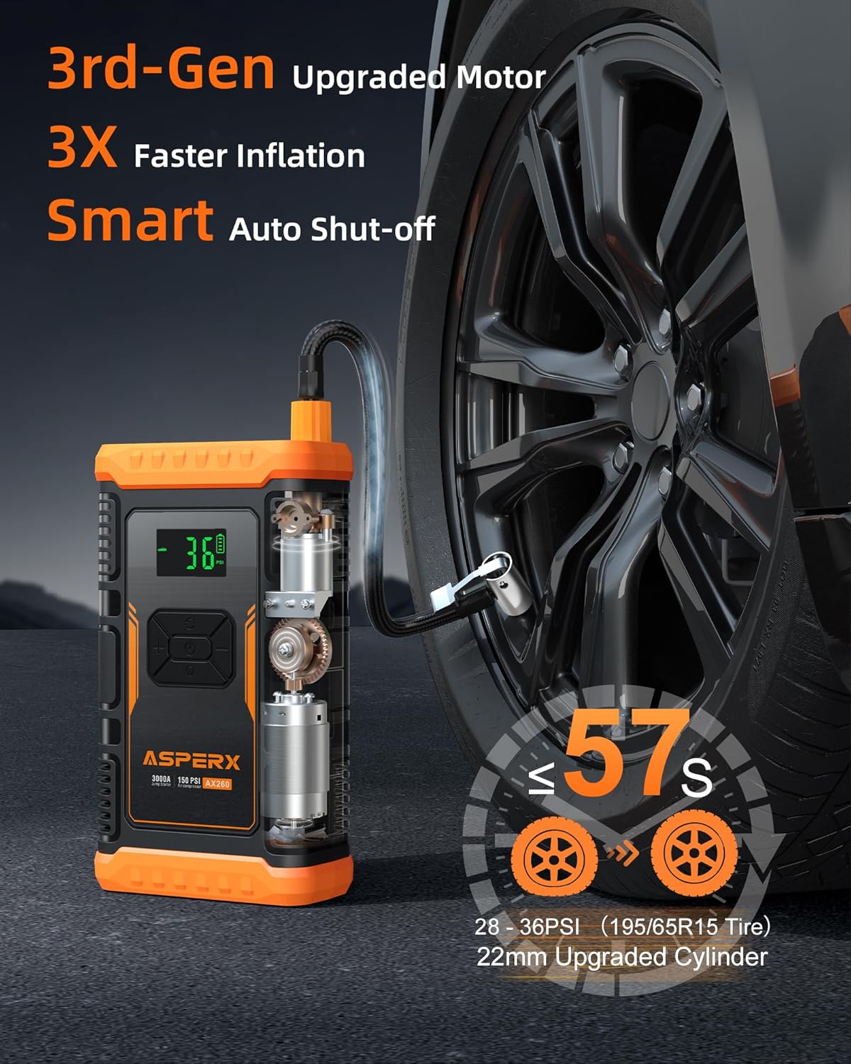 ASPERX Jump Starter with Air Compressor,【Upgrade & Safety Certs】10L Gas/8L Diesel(Almost All Cars) 12V Jumper Box Car Battery Jumper Starter Portable with Tire Inflator, Jumper Cables, Display & Light