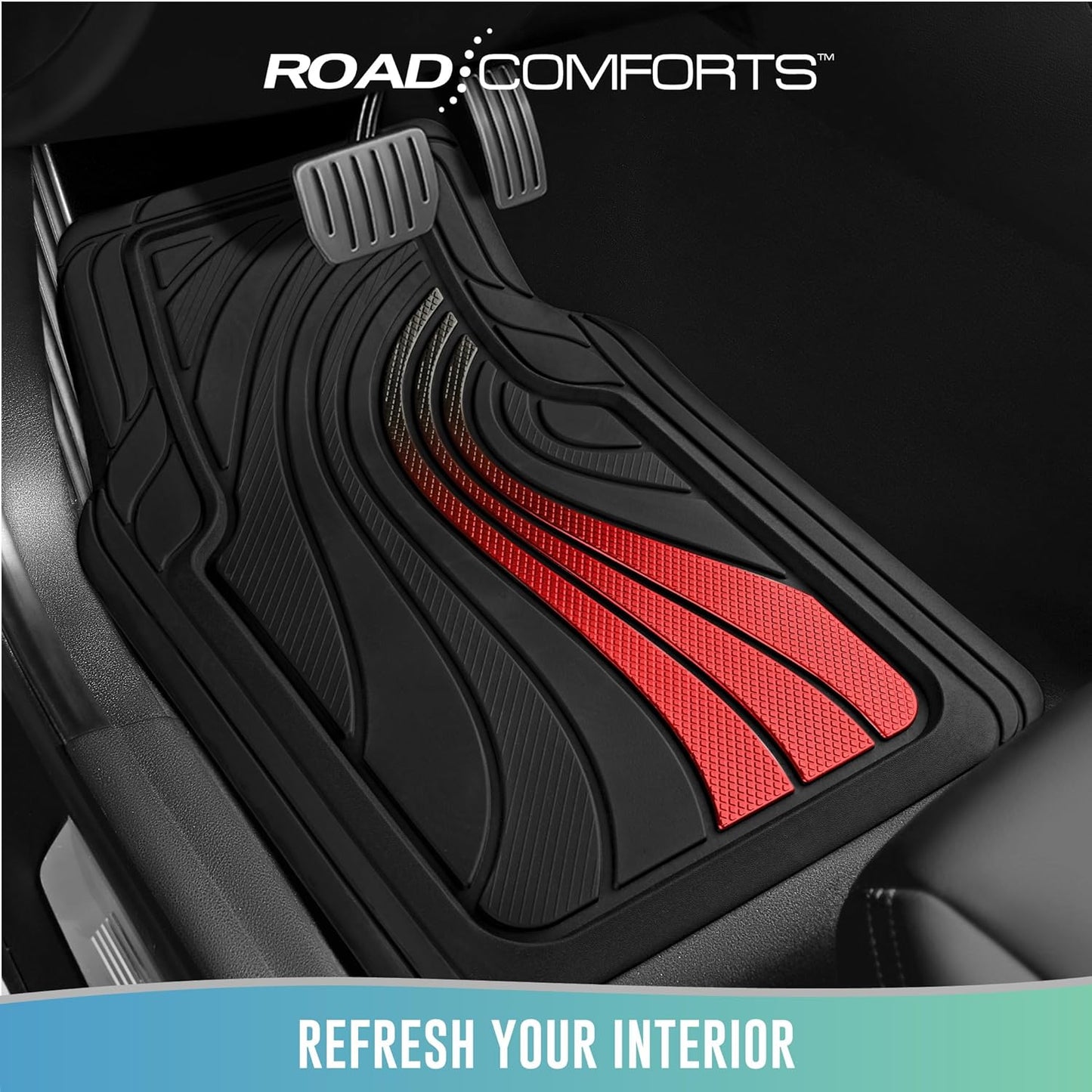 Road Comforts Car Floor Mats Full Set – Front & Rear Car Floor Mats with Aluminum Design, Anti-Slip Backing, All-Weather Protection, Trim-to-Fit Car Mats for Most Sedans, SUVs & Vans - Red