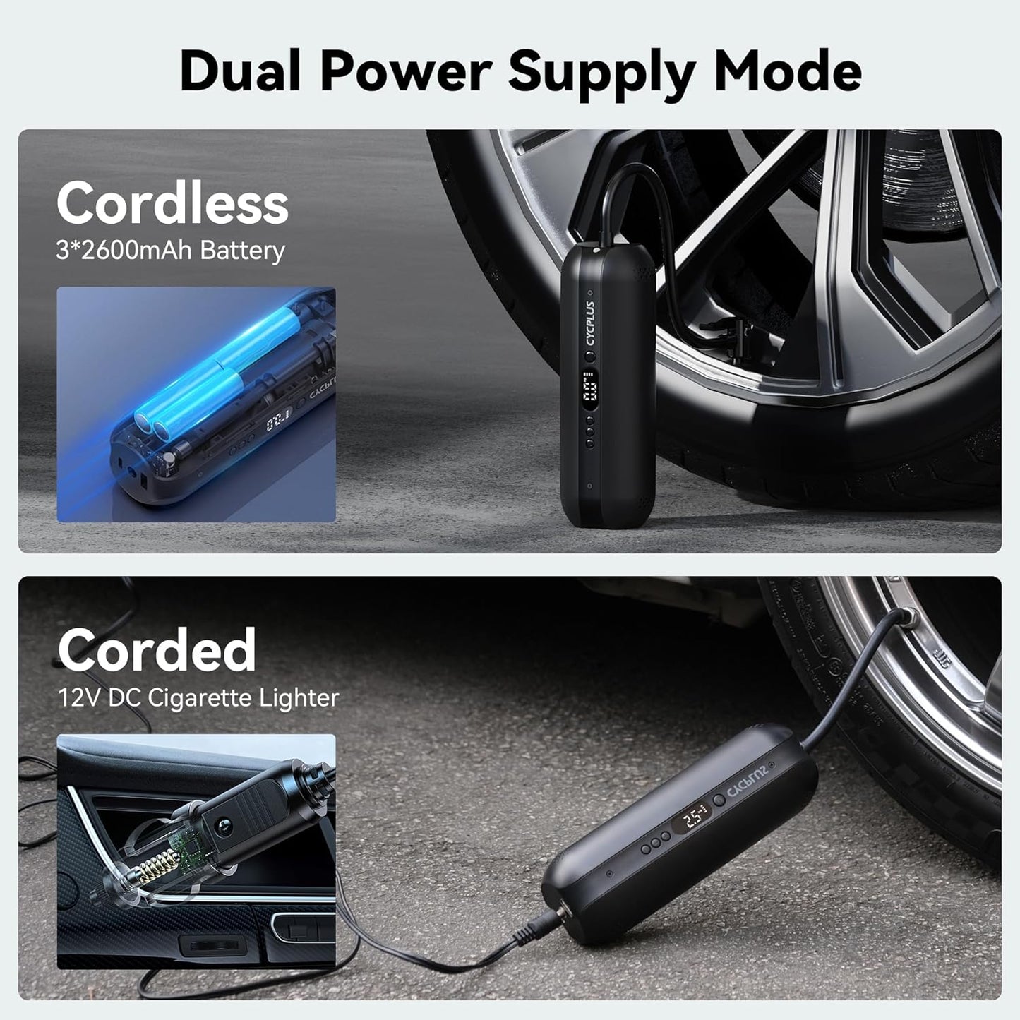 CYCPLUS Tire Inflator Portable Air Compressor - 150PSI Cordless Air Pump with Digital Tire Pressure Gauge, Accurate LCD Display & LED Light, DC/AC 2-in-1 for Car/Motorcycle/E-Bike/Ball(2025 Version)
