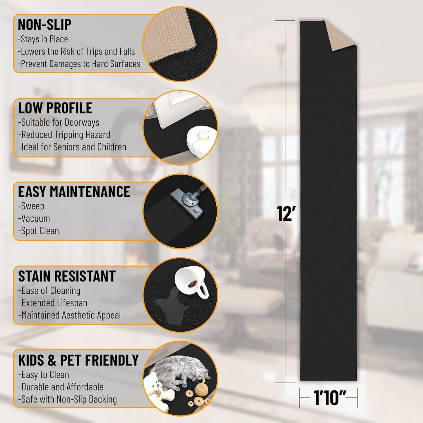 Ottomanson Hallway Runner Rug 1'10" x 12' Non Slip Solid Area Rugs Easy to Clean Laundry Rug Runner Durable & Pet Friendly Floor Carpet Runners for Hallways Entryway Living Room Kitchen, Black