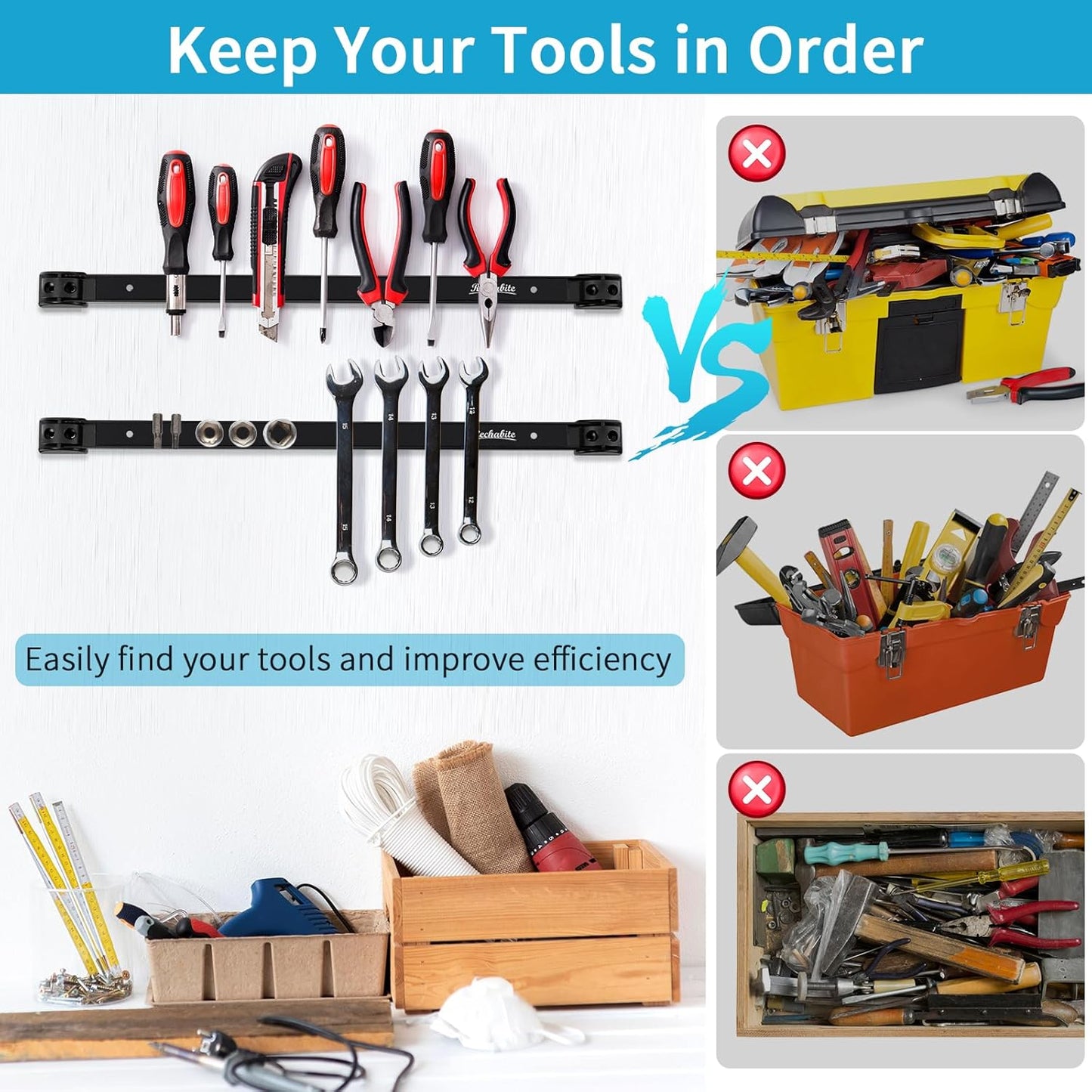 6 Pieces 18" Magnetic Tool Holder Strip, Black Magnet Bar, Metal Tool Organizer Rack for Garage Organization, Easy To Install in Workshop, Mounting Screws Included