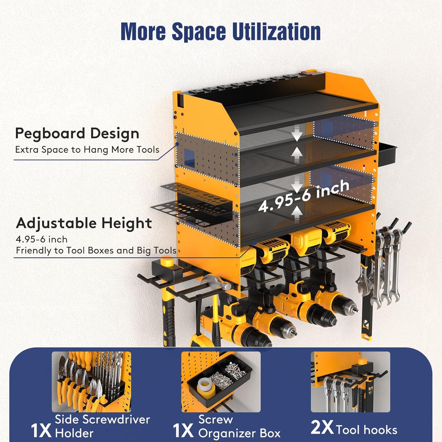 Heavy Duty Power Tool Organizer Wall Mount with Charging Station, 4 Layer Garage Storage Adjustable Shelves Height, Holds 4 Drills, 2 Hooks, Screw & Screwdriver box, Gifts for Fathers Day, Anniversary