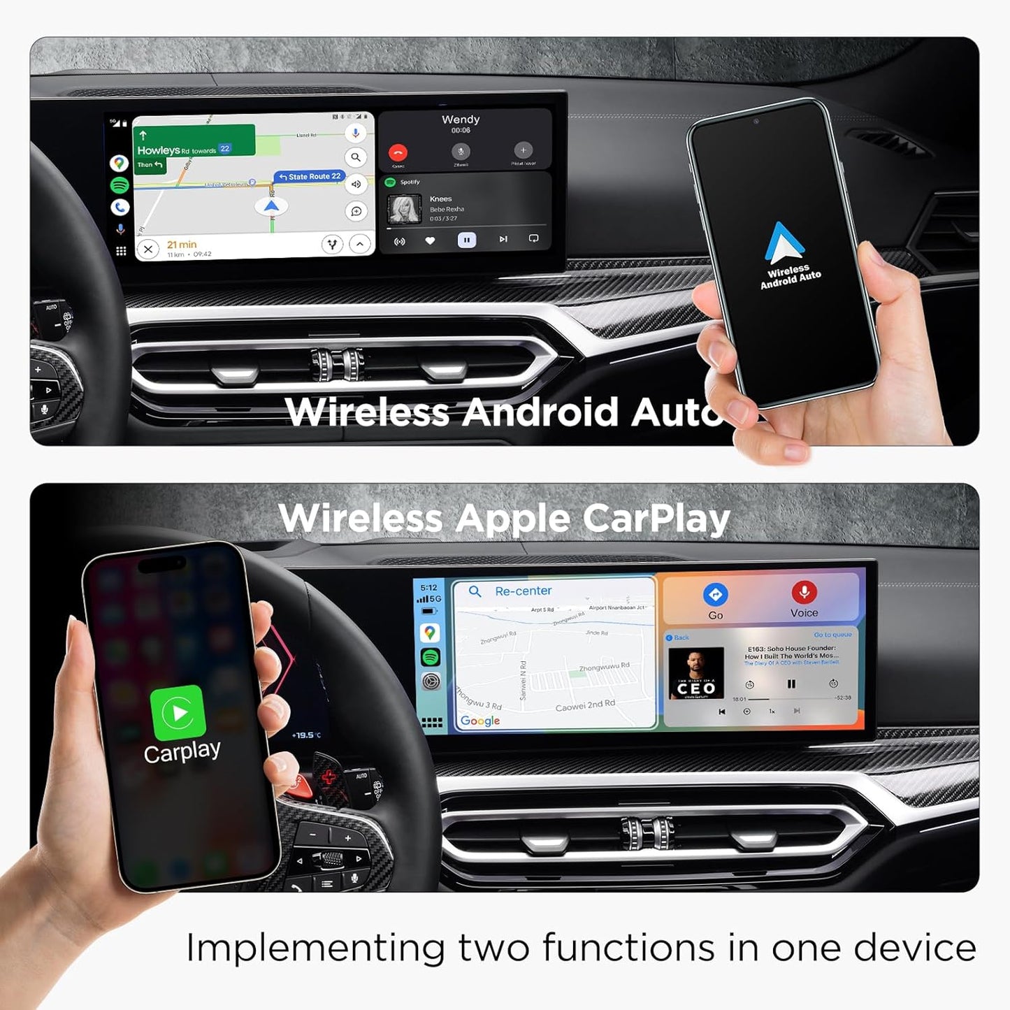 2in1 CarPlay Android Auto Wireless Adapter, Mini Car Play Cars Stick, Fast Auto Connection for OEM Wired Car Play Model 2017 Above, for iPhone iOS 12 /Android 11 Above，Black