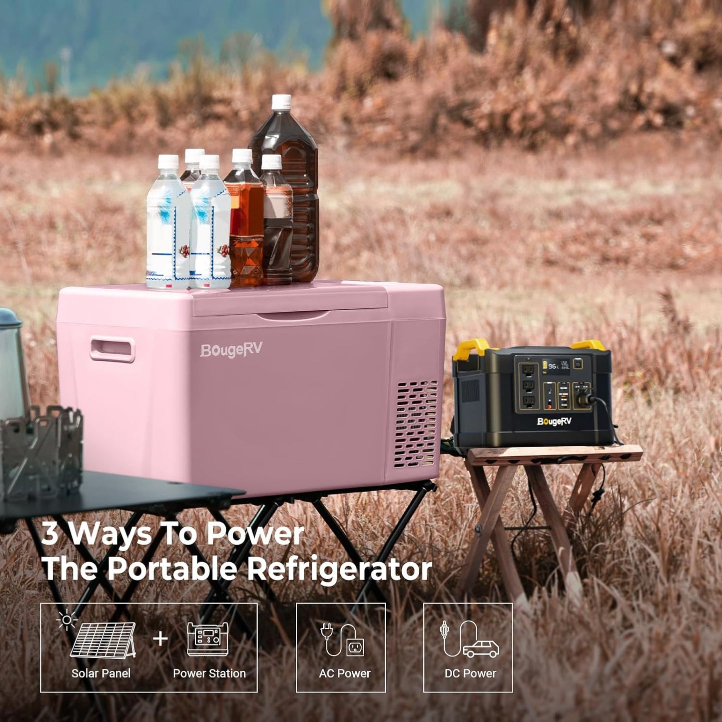 BougeRV Pink 23Quart Portable Refrigerator, 12 Volt Fridge 22L, Portable Freezer Compressor Cooler 12/24V DC 110~240 Volt AC for Truck Van RV Camper -8℉~50℉