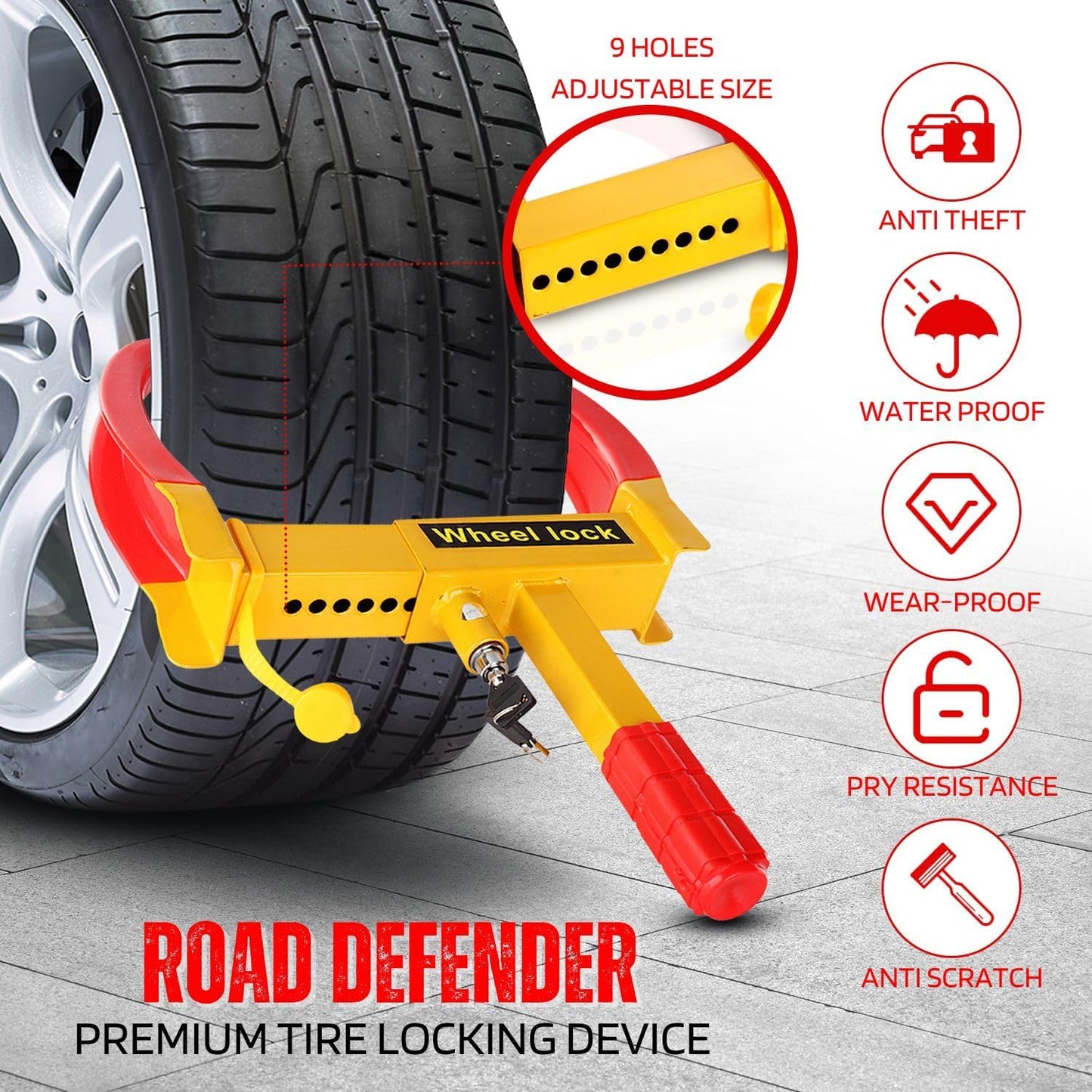 Flexzion Trailer Wheel Lock Anti Theft Wheel Clamp Lock - Heavy Duty Adjustable Tire Boot Lock for Trailer with Keys, Red & Yellow Universal Wheel Clamp for Cars, Golf Carts, Boats, Scooters