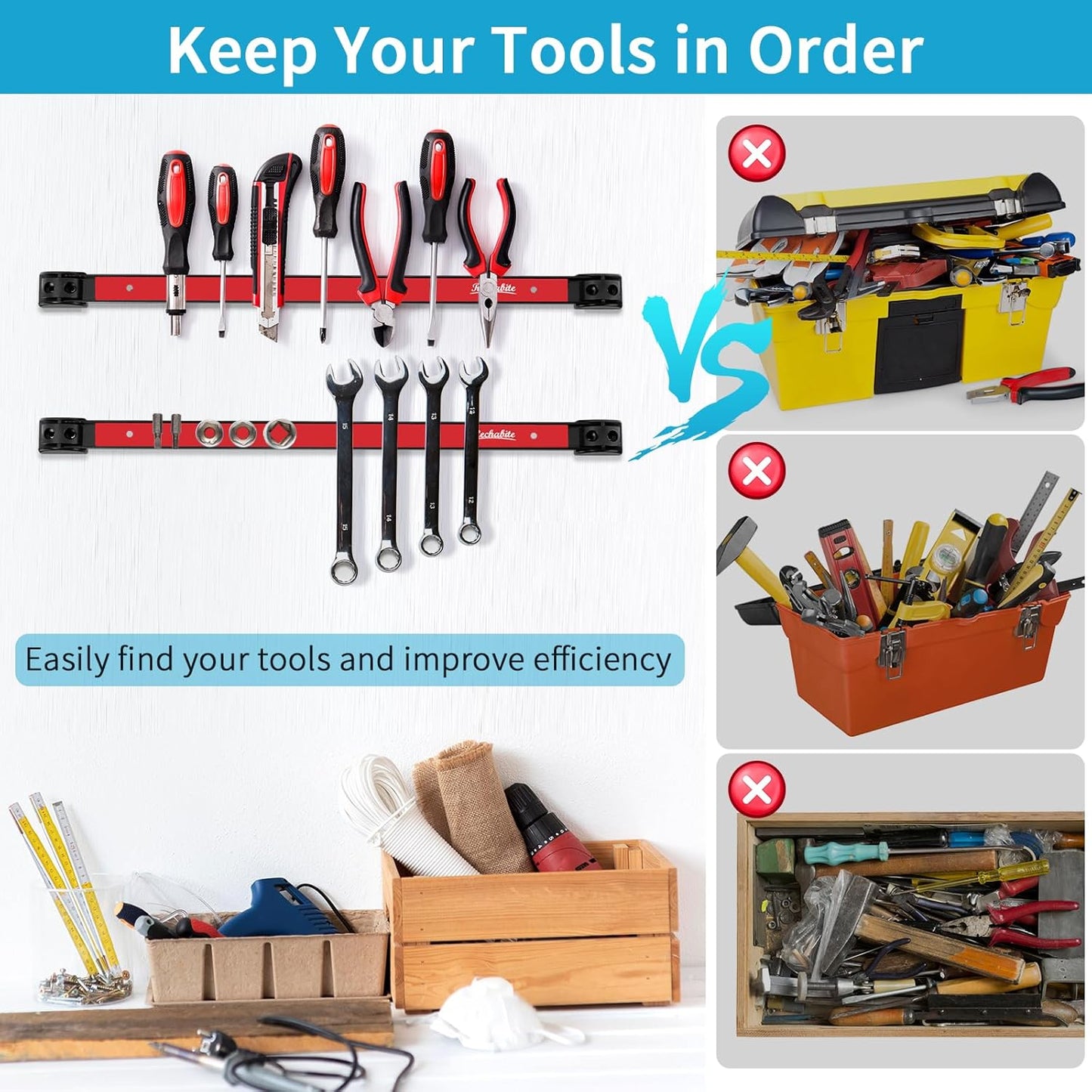 6 Pieces 24" Magnetic Tool Holder Strip, Red Magnet Bar, Metal Tool Organizer Rack for Garage Organization, Easy To Install in Workshop, Mounting Screws Included