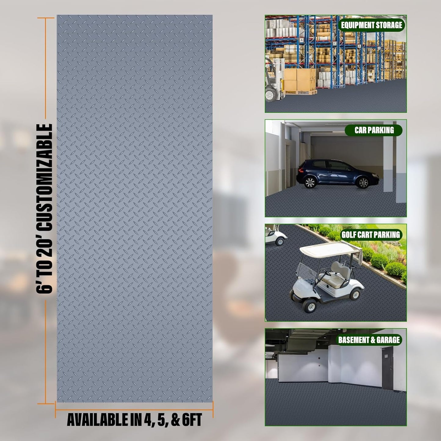 SEAL 5 x 8 Ft Premium Garage Floor Mat, Solid 2.8mm Thick Gray Commercial Grade Heavy Duty Parking Mat for Garage Floor, Golf Cart Parking, Water/Stain Resistant Floor Runner (Embossed Diamond Plate)