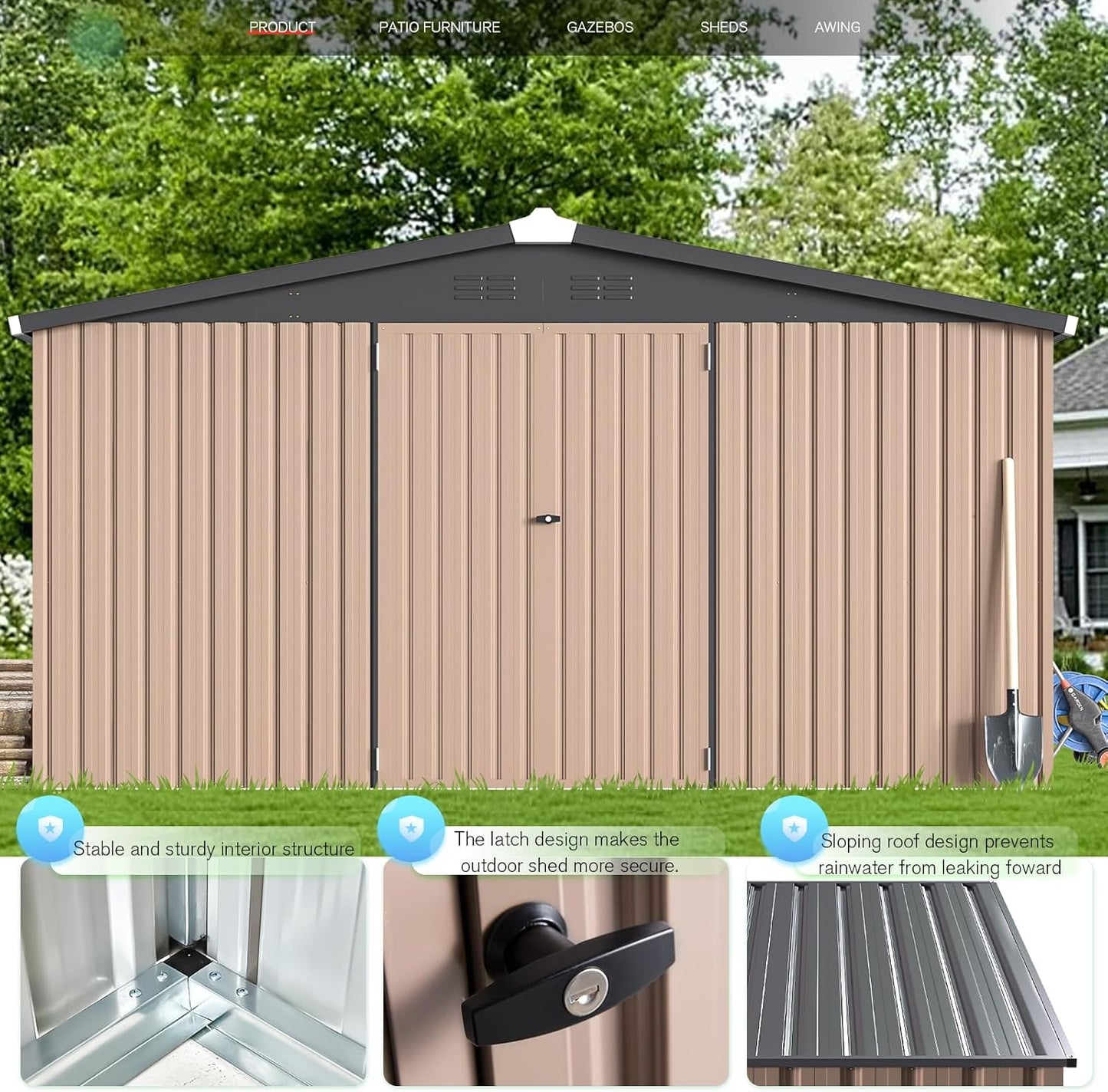 U-MAX 10' x 10' Shed Outdoor Storage Shed Clearance, Metal Garden Large Yard Steel Shed with Design of Lockable Doors, Tool and Utility Storage for Backyard, Garden, Patio, Outside use
