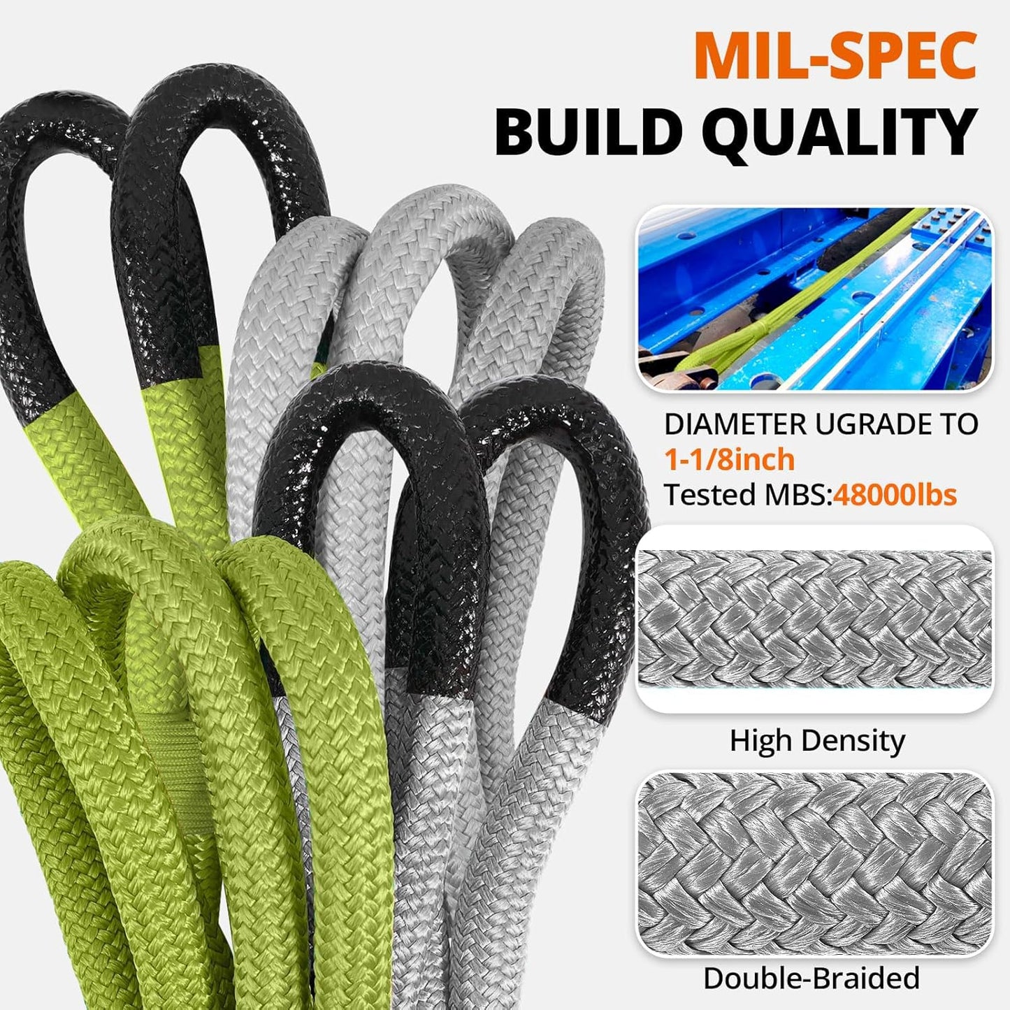 Kinetic Recovery Tow Rope 1-1/8" x20ft Offroad Snatch Strap 48000lbs Heavy Duty Towing Straps Kit for Trucks SUV UTV ATV Tractor Car Jeep - Solid ArmyGreen
