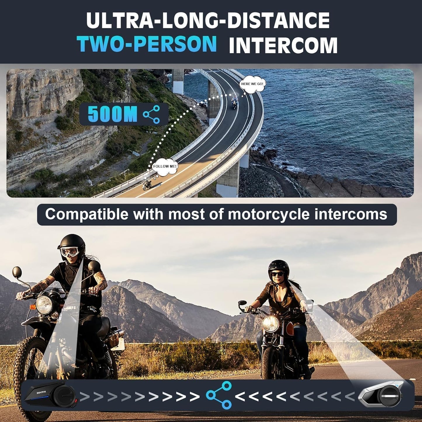 Motorcycle Helmet Headsets, 2 Riders 500M Helmet Communication System S2 Motorcycle Intercom Headset with DSP&CVC Noise Cancellation/HiFi Sound/IP67 Waterproof/Wake up Siri - Single Pack