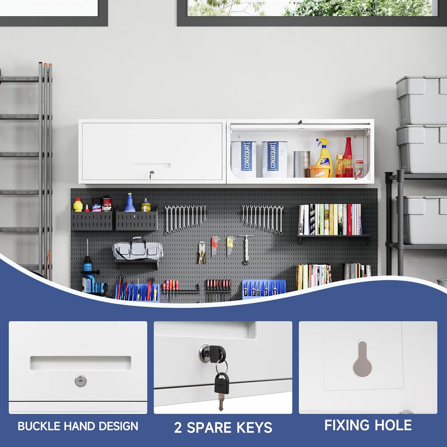 Metal Wall Storage Cabinet with Up-flip Door, Wall-Mounted Storage Cabinet for Garage, Warehouse, Home, Office, Assembly Required (White)