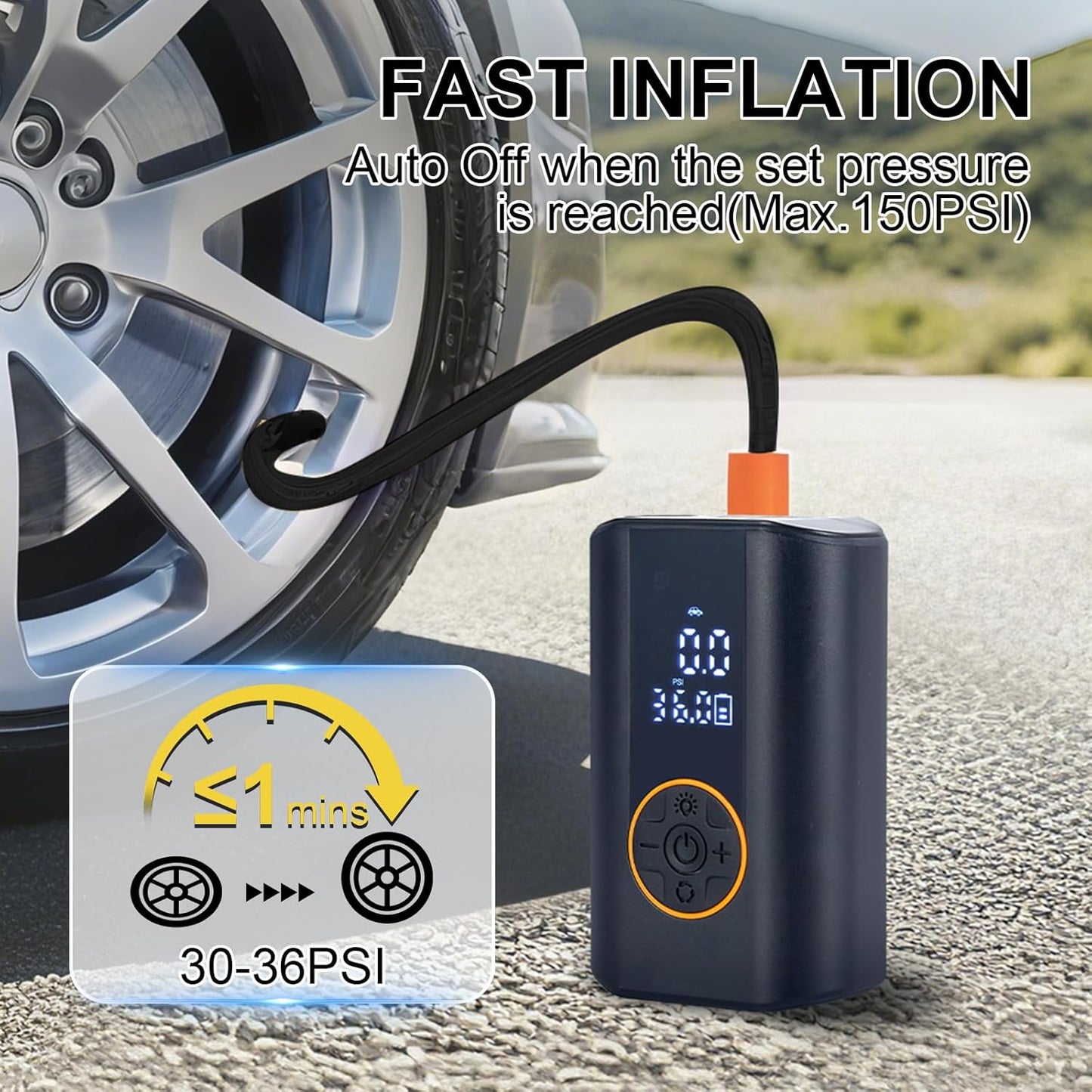 Tire Inflator Portable Air Compressor Cordless Rechargeable Mini Air Pump, with Digital Pressure Gauge & LED Lights, 150PSI Max Tire Pump for Motorcycles Bikes Cars Balls