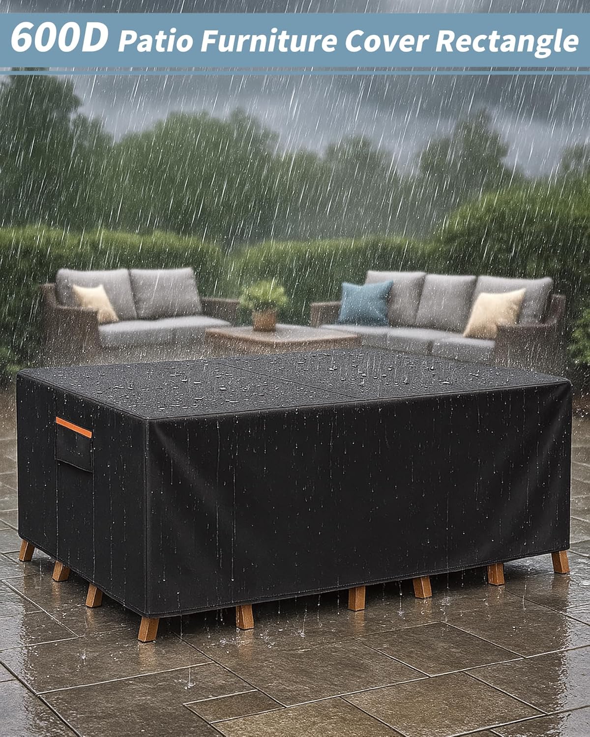 Outdoor Waterproof Furniture Cover, 136W x 74L x 28H inches Heavy Duty 600D Rectangular Table and Chair Set Protection, Black