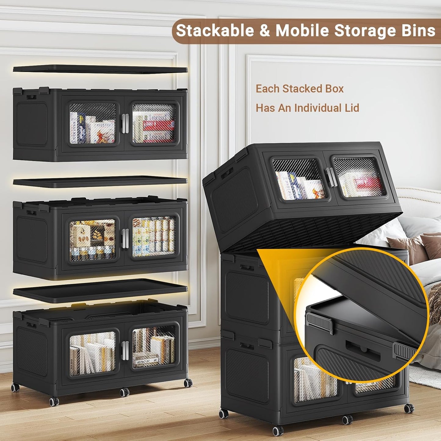 900 Qt Stackable Storage Bin with Lid, 225Gal Extra Large Collapsible Storage Boxes, Folding Plastic Drawer, Heavy-Duty Store Cabinet, Closet Organizer for Home Kitchen, 3 Pack Black
