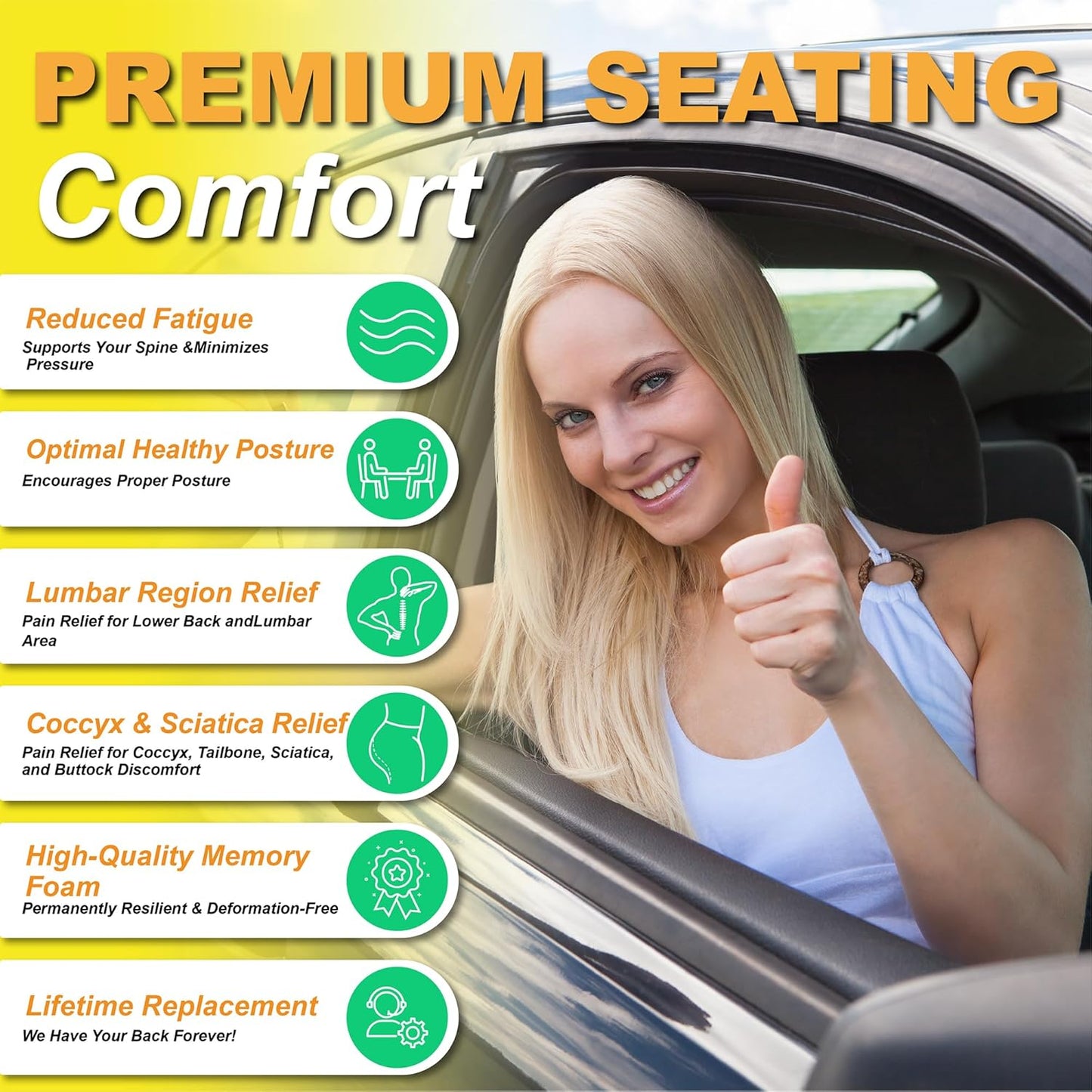 kingphenix Car Seat Cushion with Lumbar Support Pillow: Enhanced Comfort Memory Foam Design for Pain Relief, Ideal for Drivers and Office Use - Ergonomic Lumbar Comfort for Long Sitting - Dark Grey