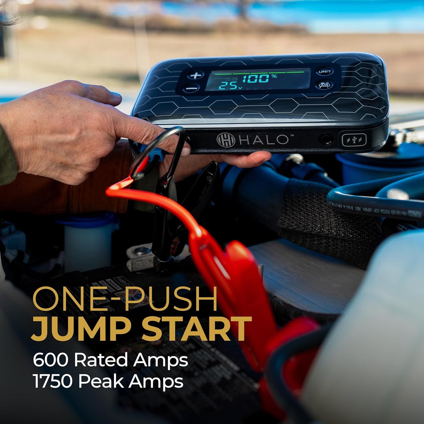 HALO Bolt Air+ 1750 Portable Car Battery Jump Starter | 130 PSI Air Compressor, 59.9Wh USB Power Bank, Large Display, Emergency Floodlight & Charger, Jumps Cars SUVs & Trucks, Inflates Tires — Silver