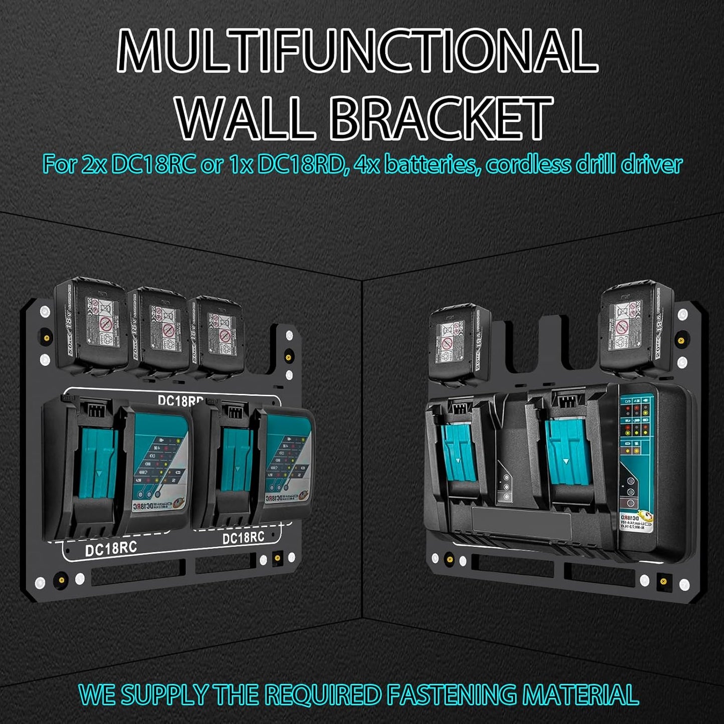 Charger Mount for Makita DC18RC, DC18RD Charger, Wall Mount for Makita 4X 14.4V/18V Batteries and 2 Drilling Screwdrivers, Heavy-Duty Garage Workshop Organization