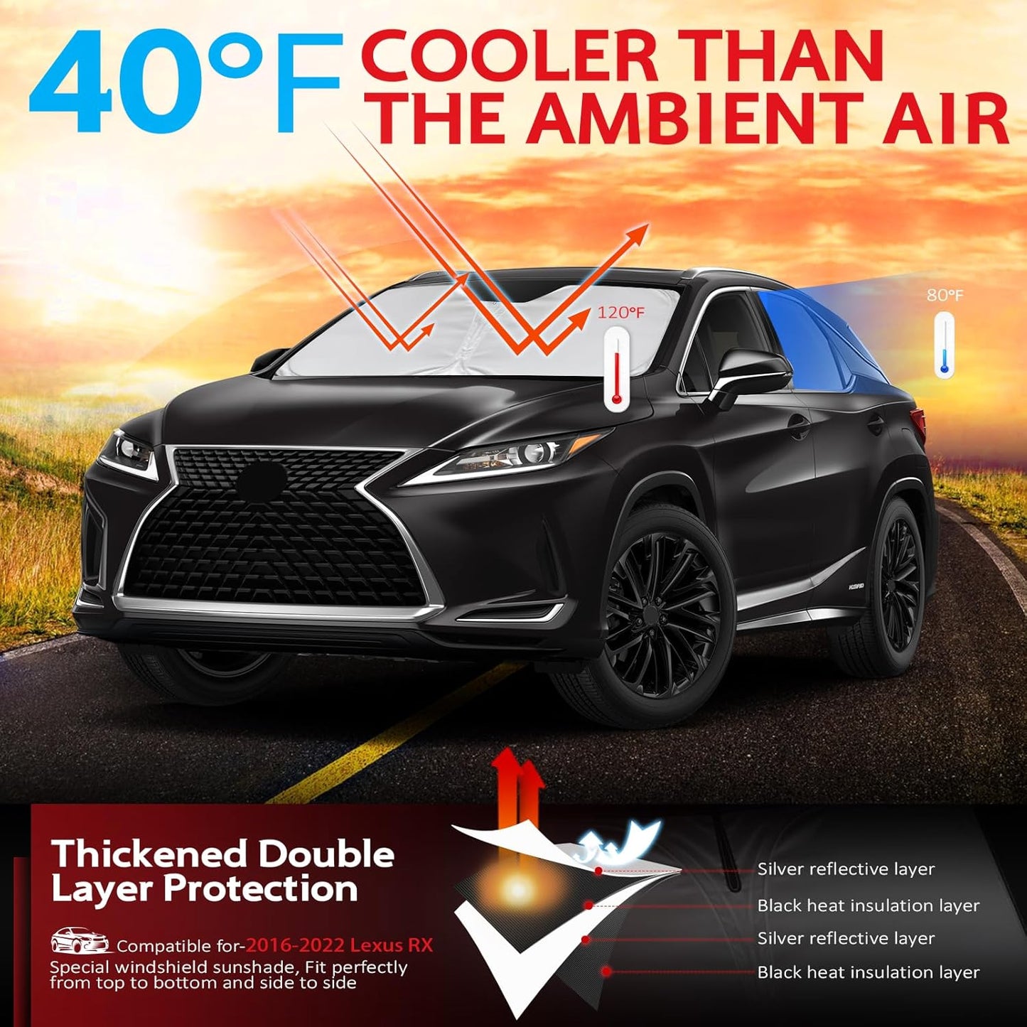 KAYZT Windshield Sun Shade for 2016-2022 Lexus RX Foldable Sunshade Front Window Custom Fit Car Accessories