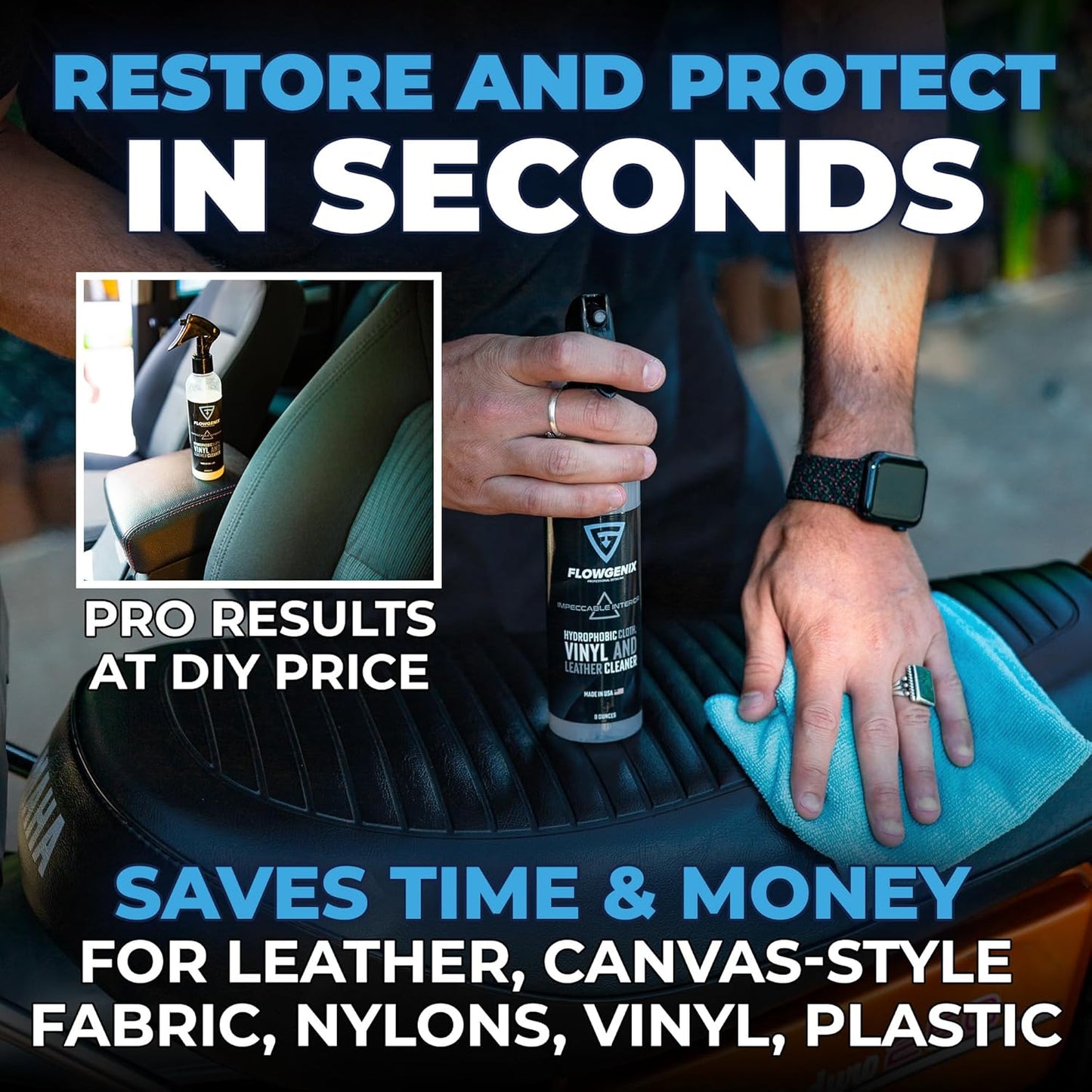 Leather Interior Car Cleaner & Detailer (8oz) - Hydrophobic Textile, Nylon, Carpet - All Purpose Auto Upholstery Cleaner & Protectant - incl. 2 Microfiber Towels