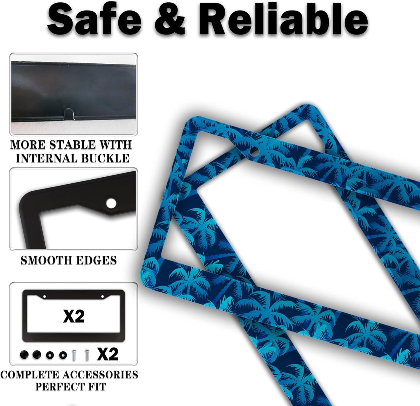 License Plate Frame Blue License Plate Frames Tropical Blue Palm Trees Aluminum Metal Car Accessory 2 Pack with Screw Covers Set