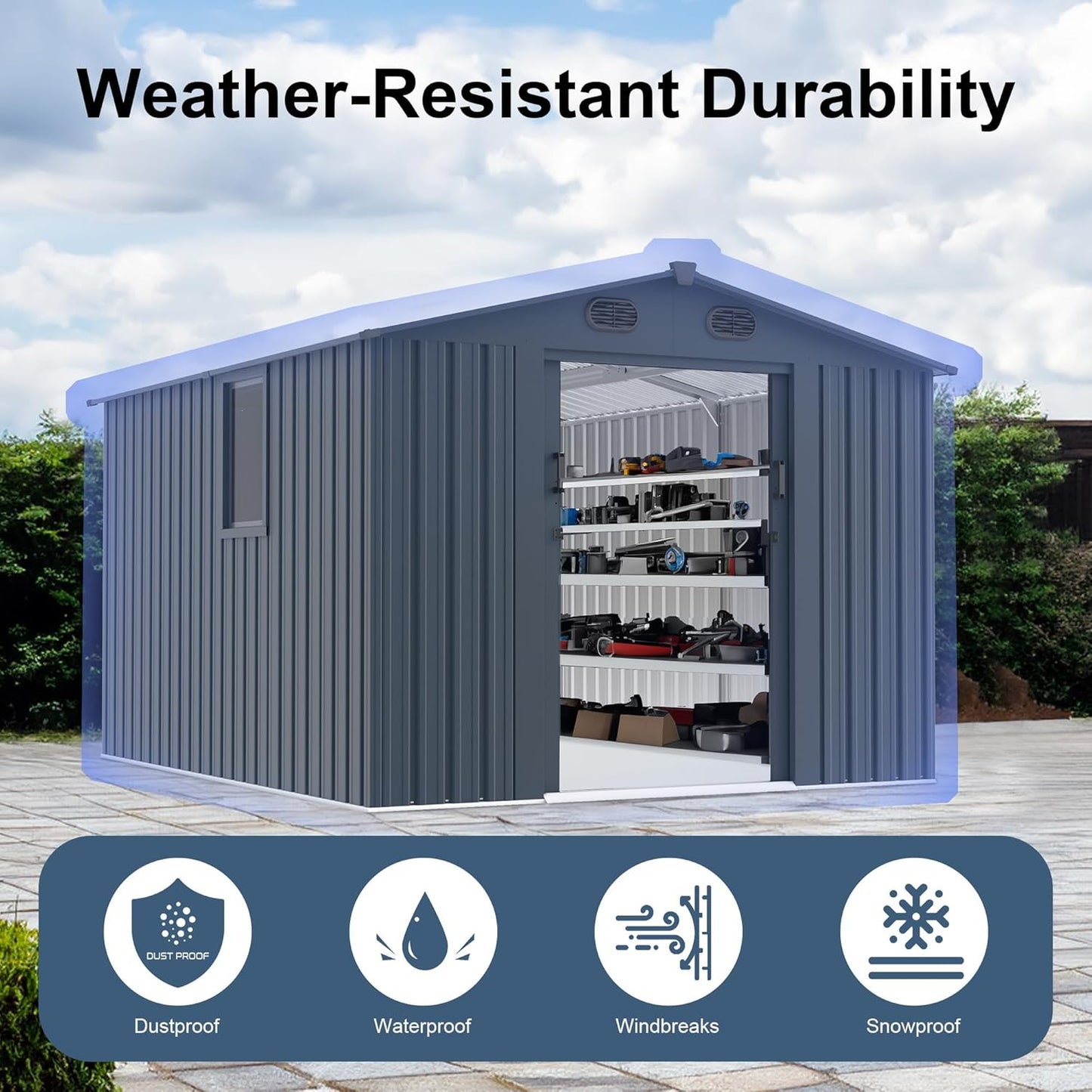 Outdoor Storage Shed 8x10 FT with Window - Metal Sheds & Outdoor Storage for Motorcycle, Bike, Garden Tool, Lawnmower - Backyard Tool Building with 1 Sliding Door and 4 Vents (Without Floor)