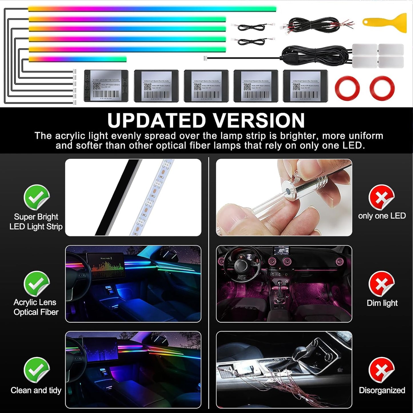 Dream+Color Acrylic Interior Car LED Strip Light with Wireless APP, RGB 10 in 1 with 175 inches 593 Neon Ambient Lighting Kits, Dynamic Chasing Music Sync LEDs Fiber Optic Strip Lights for Car