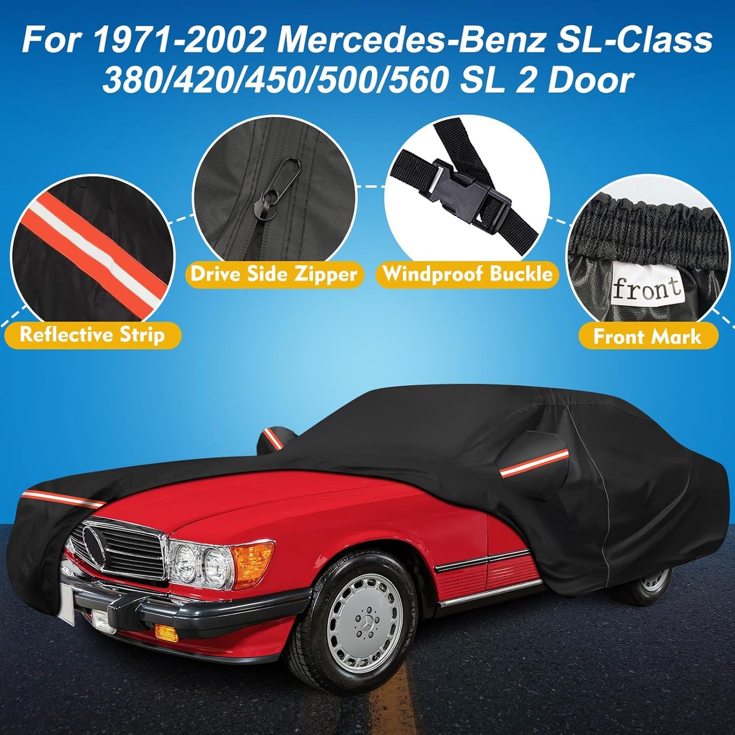 QUNSUNUS Waterproof Car Cover for Mercedes Benz SL-Class 380SL 420SL 450SL 500SL 560SL 2 Door 1971-2002, All Weather Outdoor Car Covers with Zipper, Straps and Elastic Edge