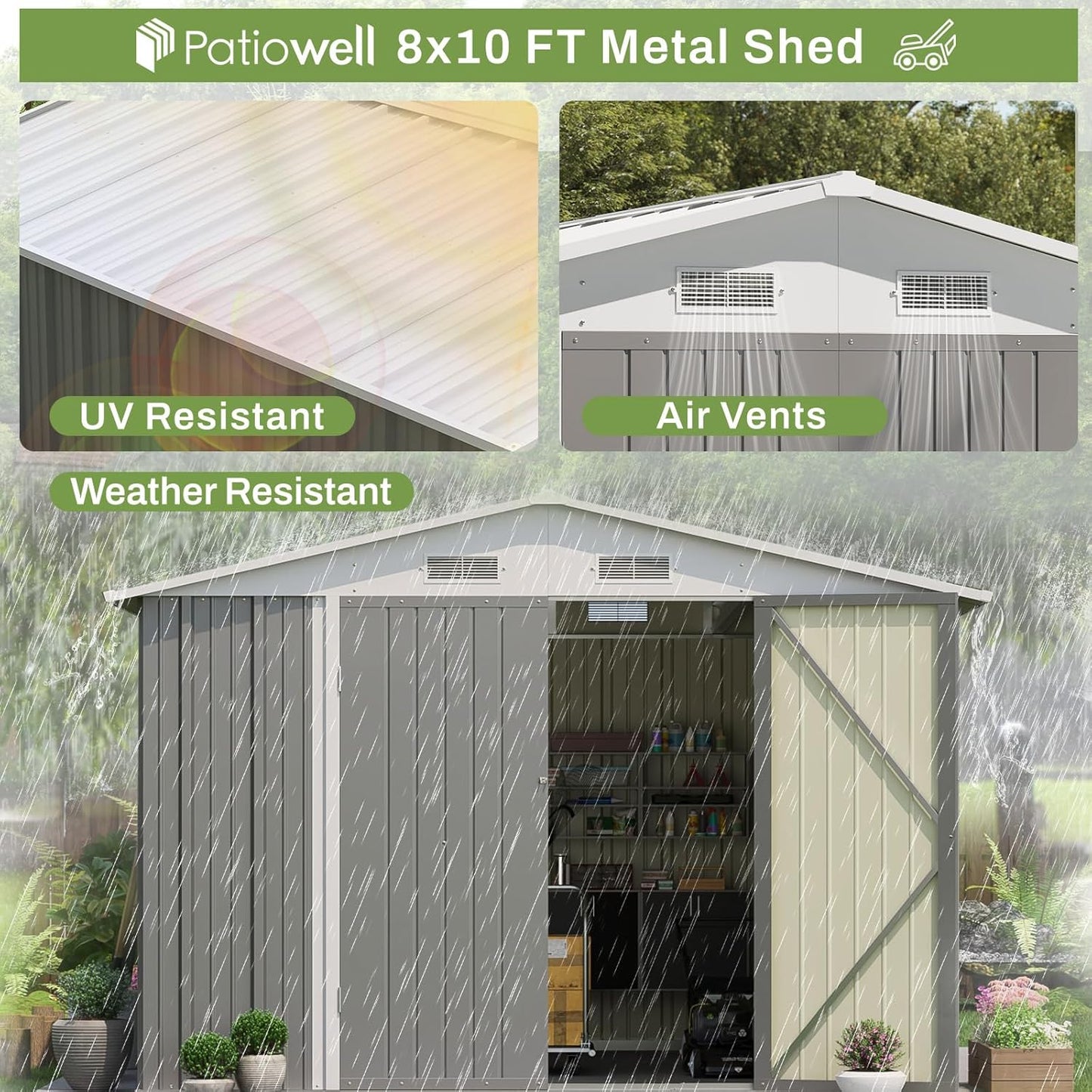 Patiowell 8x10 FT Outdoor Storage Shed, Large Garden Tool Metal Shed with Sloping Roof and Double Lockable Door, Outdoor Sheds for Backyard Garden Patio Lawn,Grey