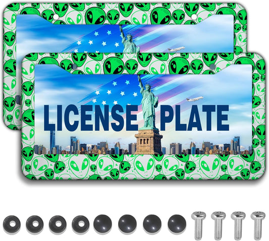License Plate Covers for Men Green License Plate Frames for Women Alien Universal Aluminum Car Accessory 2 Pack with Screw Covers Set