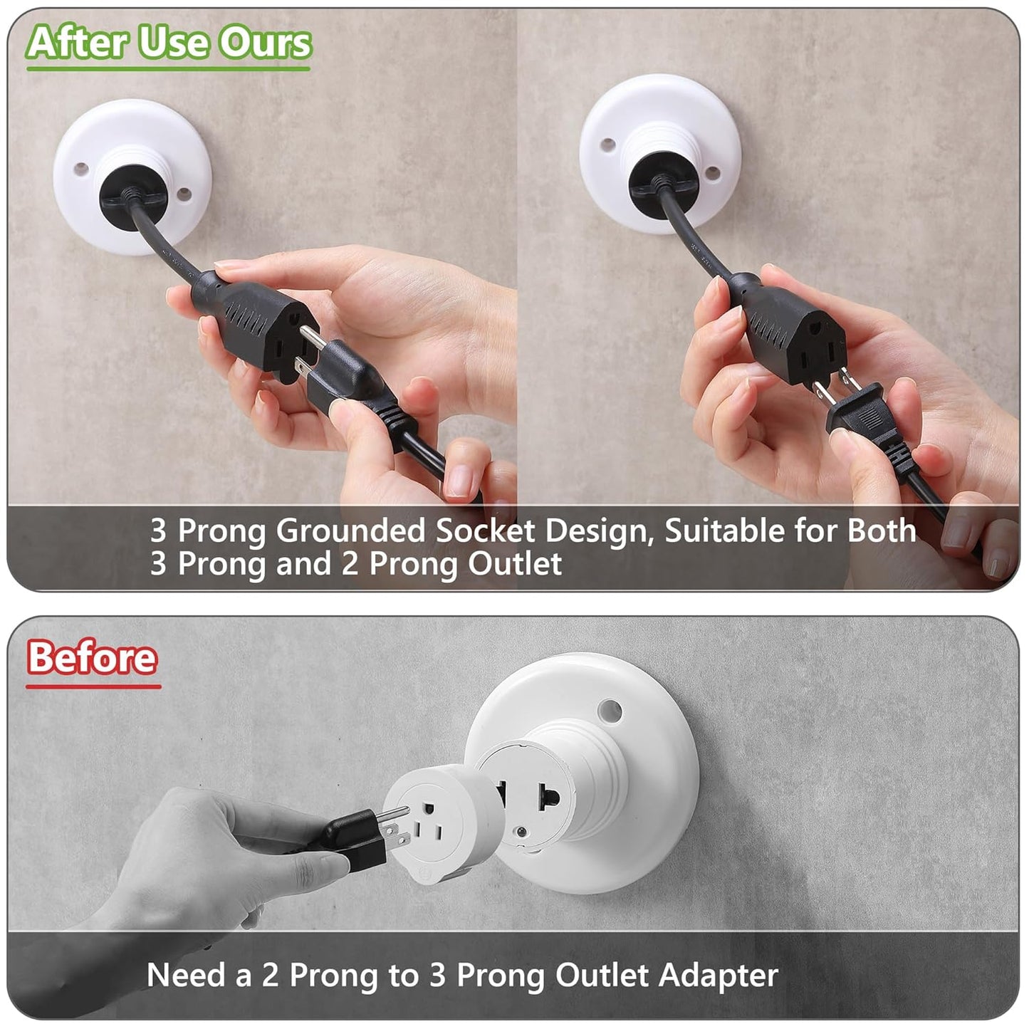 Feekoon 1 Pack 3 Outlet Light Socket Adapter, Convert E26/E27 Bulb Socket to 3 Prong Outlet with Extension Cord, Light Bulb Plug Adapter Converter Suitable for Outdoor Porch Garage Patio Use (Black)