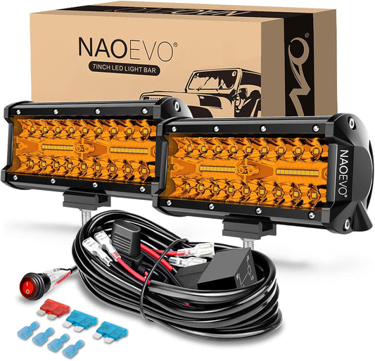 NAOEVO 7 Inch Amber LED Light Bar, 240W 24,000LM Offroad Fog/Driving Lights LED Pods with 2 Leads Wiring Harness Kit, Spot & Flood Work for Truck Boat UTV ATV, 2-Pack (Amber)