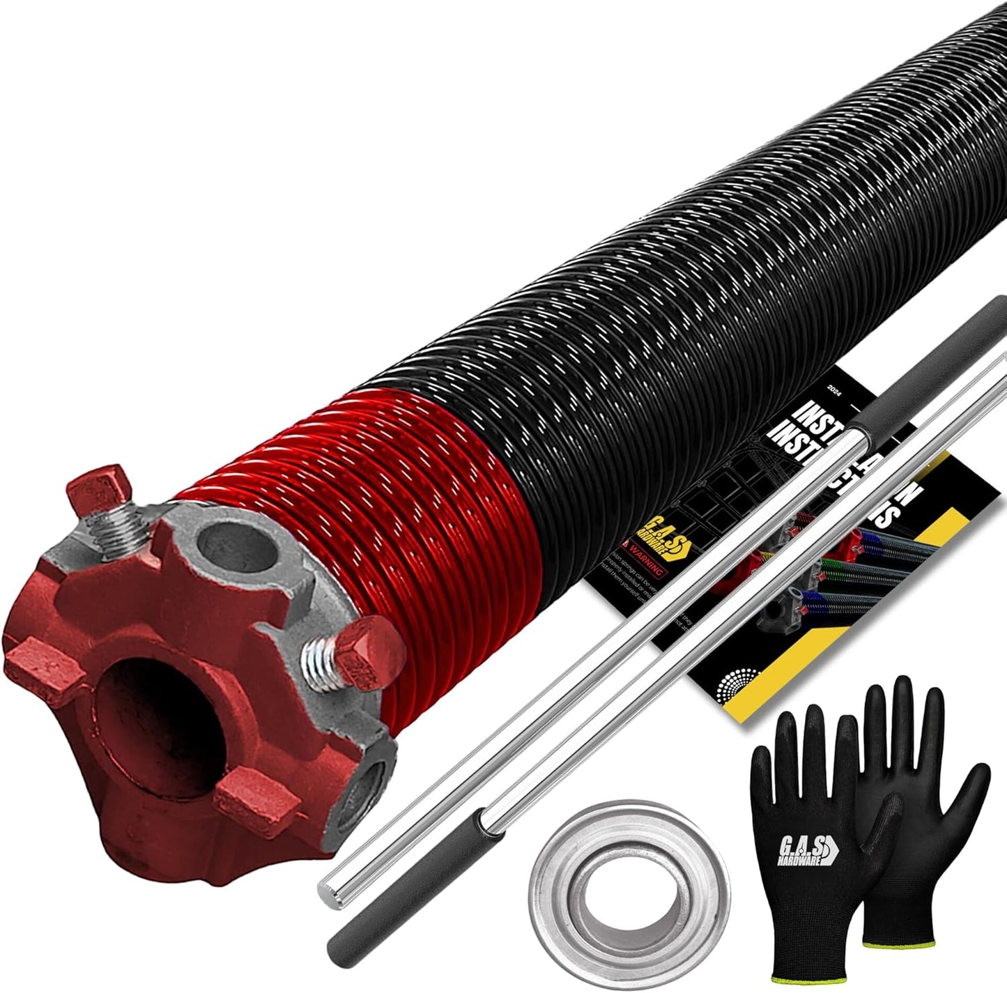 Garage Door Torsion Spring 225x1.75x33 Includes 1” Steel Bearing, Non-Slip Gloves, and Winding Bars for Left Side of Garage Door Precision E-Coating 5-Year Warranty Min. 30,000 Cycles (Red Cone)