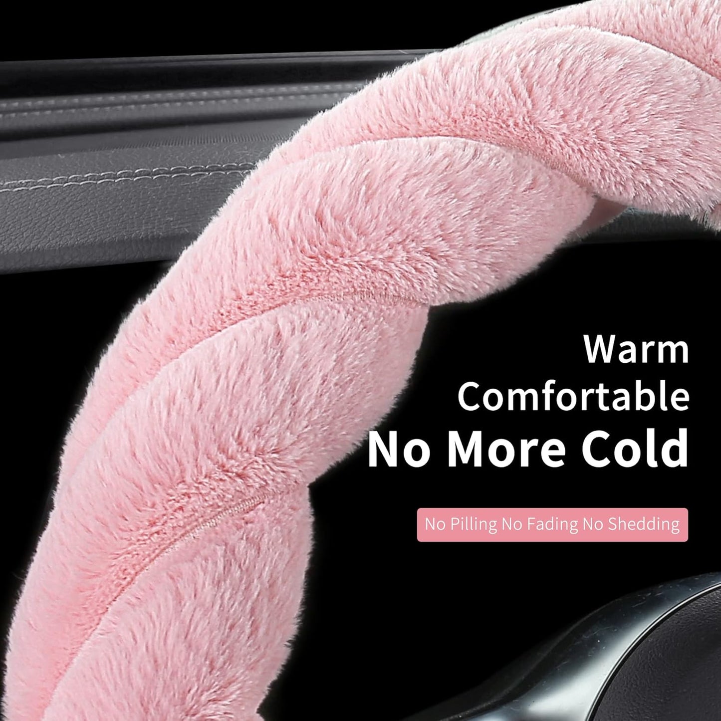 Luxury Fluffy Winter Car Steering Wheel Cover for Women Soft Warm Plush Cute Auto Accessories for Vehicle, Sedan, Universal, Fuzzy, Anti Slip, Pink, Standard Size, 14.75-15.15"