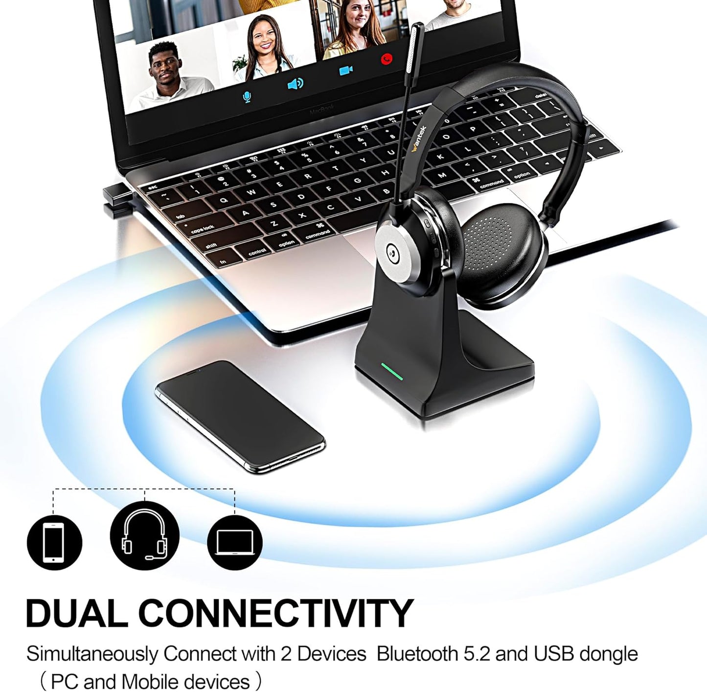 Wantek Wireless Headset with Mic for Work,Bluetooth Headset with AI Noise Cancelling,Mic Mute,Charging Base & USB Dongle for Laptop/Computer/Cell Phone, Remote Work & Call Center