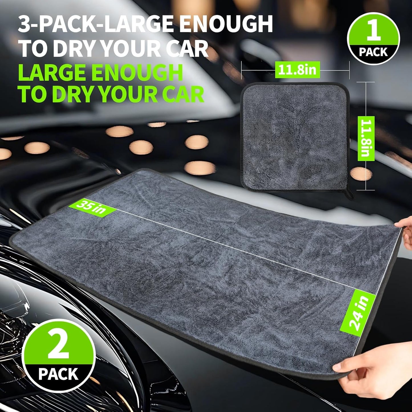 3-Pack Car Drying Towel, Ultra Absorbent Microfiber Towels for Cars (36" x 24"), Drying Towels Car Detailing, Streak Free, No Water Spots, Scratch-Free, with Storage Bag