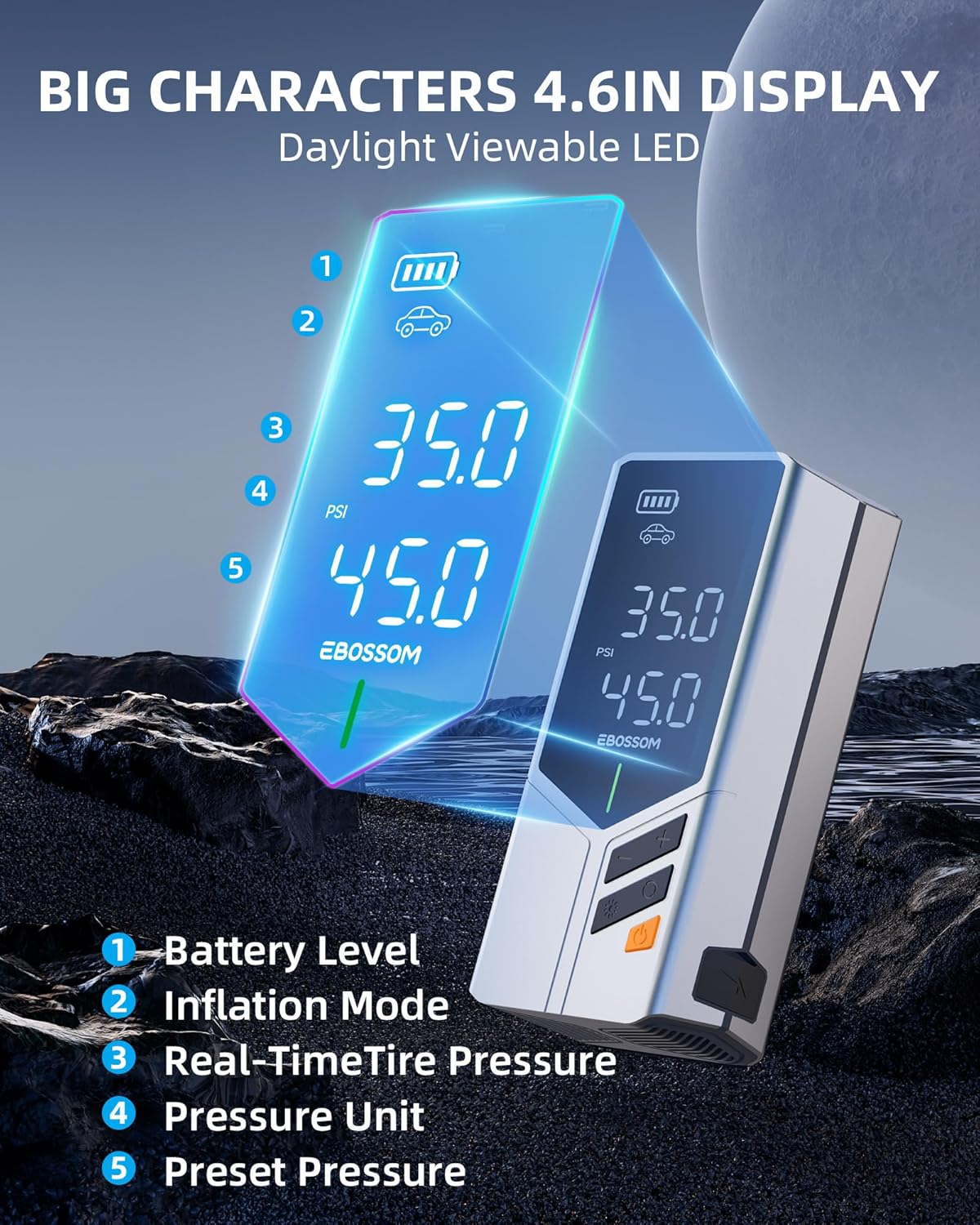 Portable Car Jump Starter with Air Compressor, 150PSI Tire Inflator with 44.4Wh Battery, car Battery Jump Starter for 6.0L Gas, Fast Inflation Pump with Bulite-in Nozzle Storage, LED Light for Car