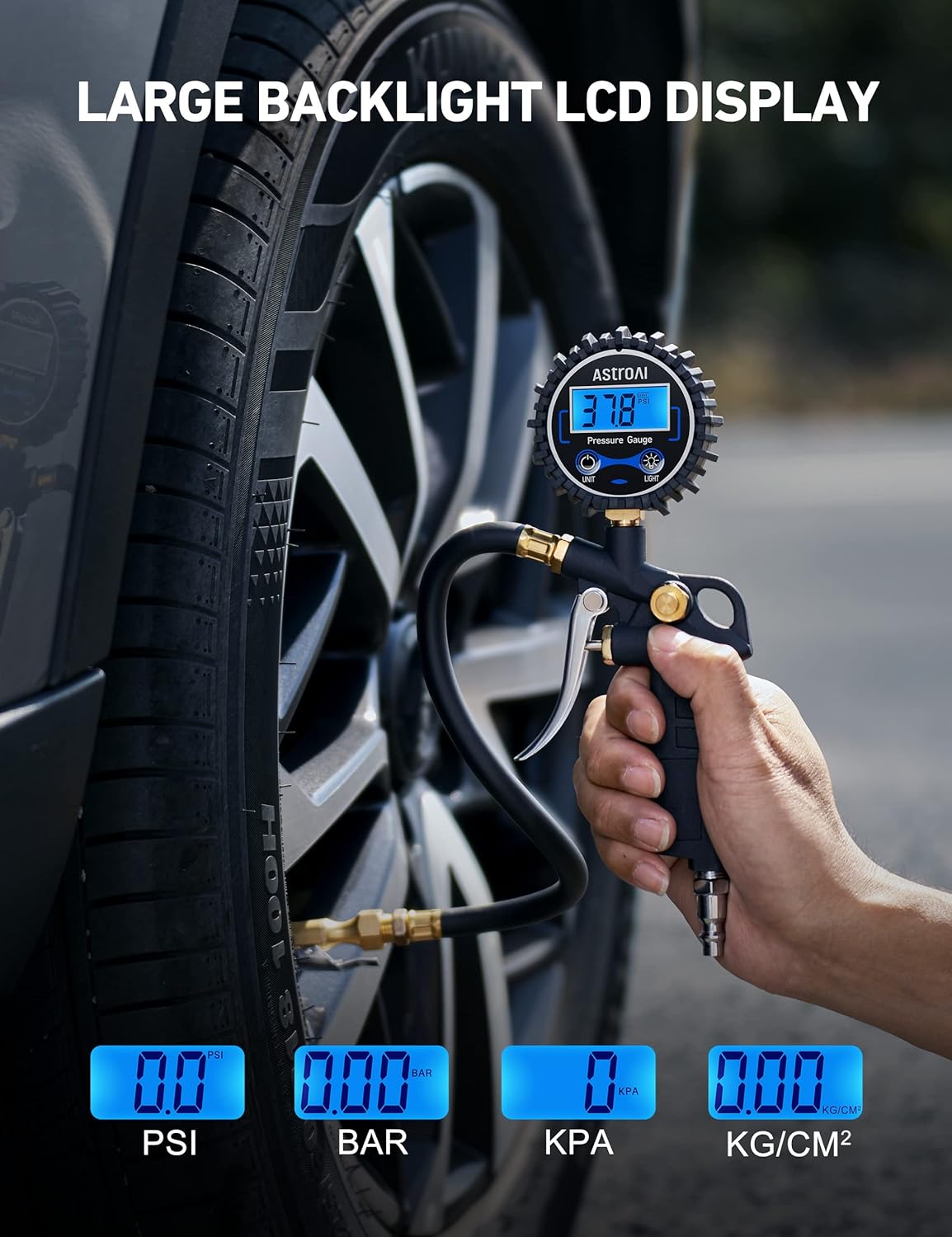 AstroAI Digital Tire Pressure Gauge with Inflator, 250 PSI Air Chuck & Compressor Accessories Heavy Duty with Quick Connect Coupler, 0.1 Display Resolution, Car Accessories, 2pack