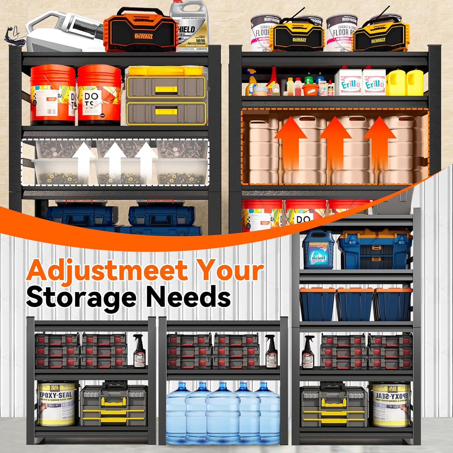 Adjustable 5-Tier Garage Shelving, Heavy Duty Steel Storage Rack, High Load Capacity, Ideal for Garage, Warehouse, or Home Organization (with Fences, 32" W*15.7" D*63" H)