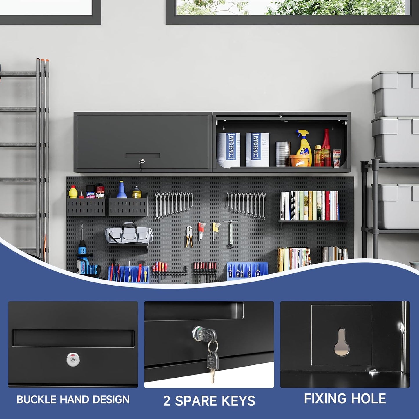 Metal Wall Storage Cabinet with Up-flip Door, Wall-Mounted Storage Cabinet for Garage, Warehouse, Home, Office, Assembly Required (Black, One Cabinet)