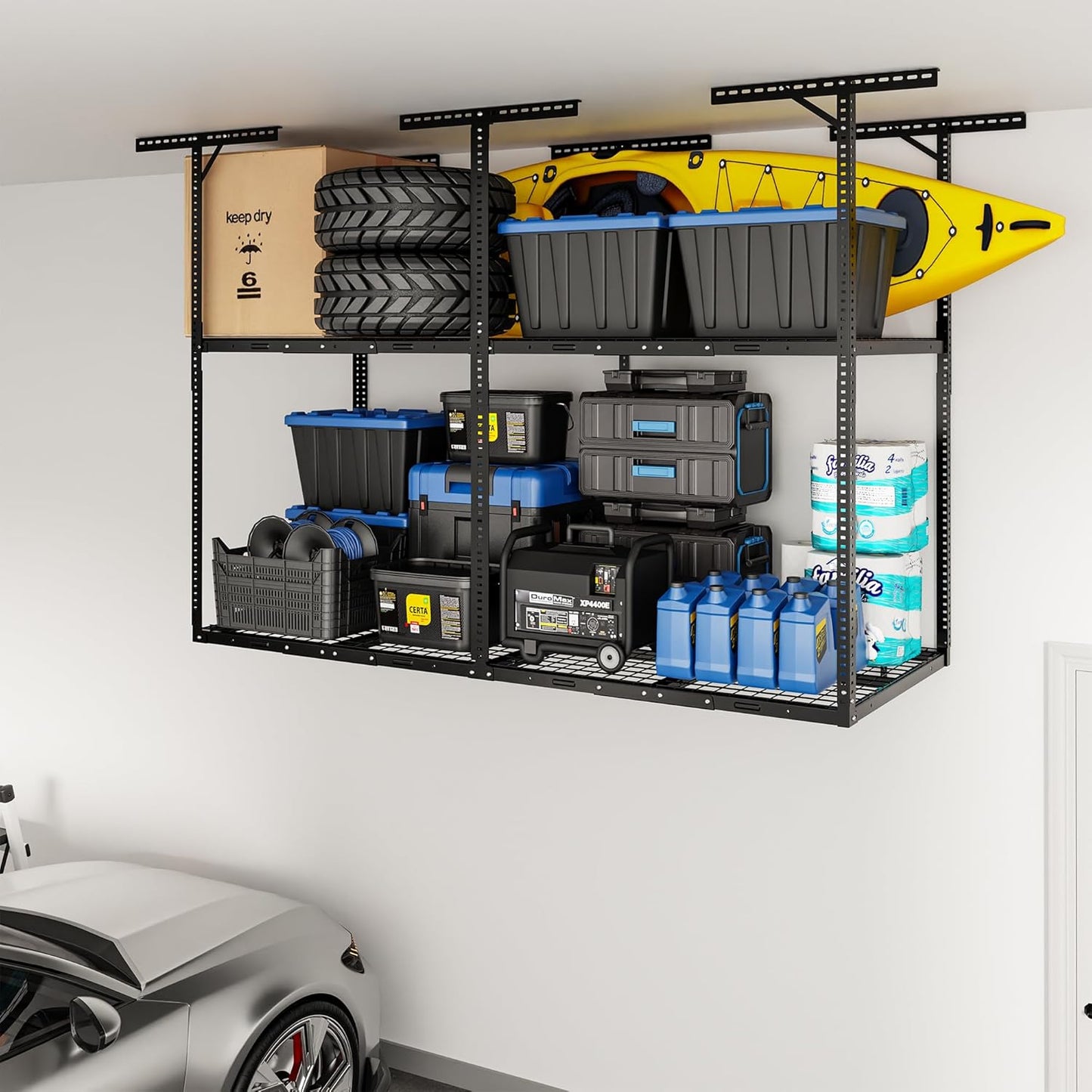 FLEXIMOUNTS 3x8 2-Tier Overhead Garage Storage Rack – Adjustable Heavy Duty Metal Garage Ceiling Storage Racks, 1000 lbs Capacity – Garages Organization System for 10–15 ft Tall Garages, Black