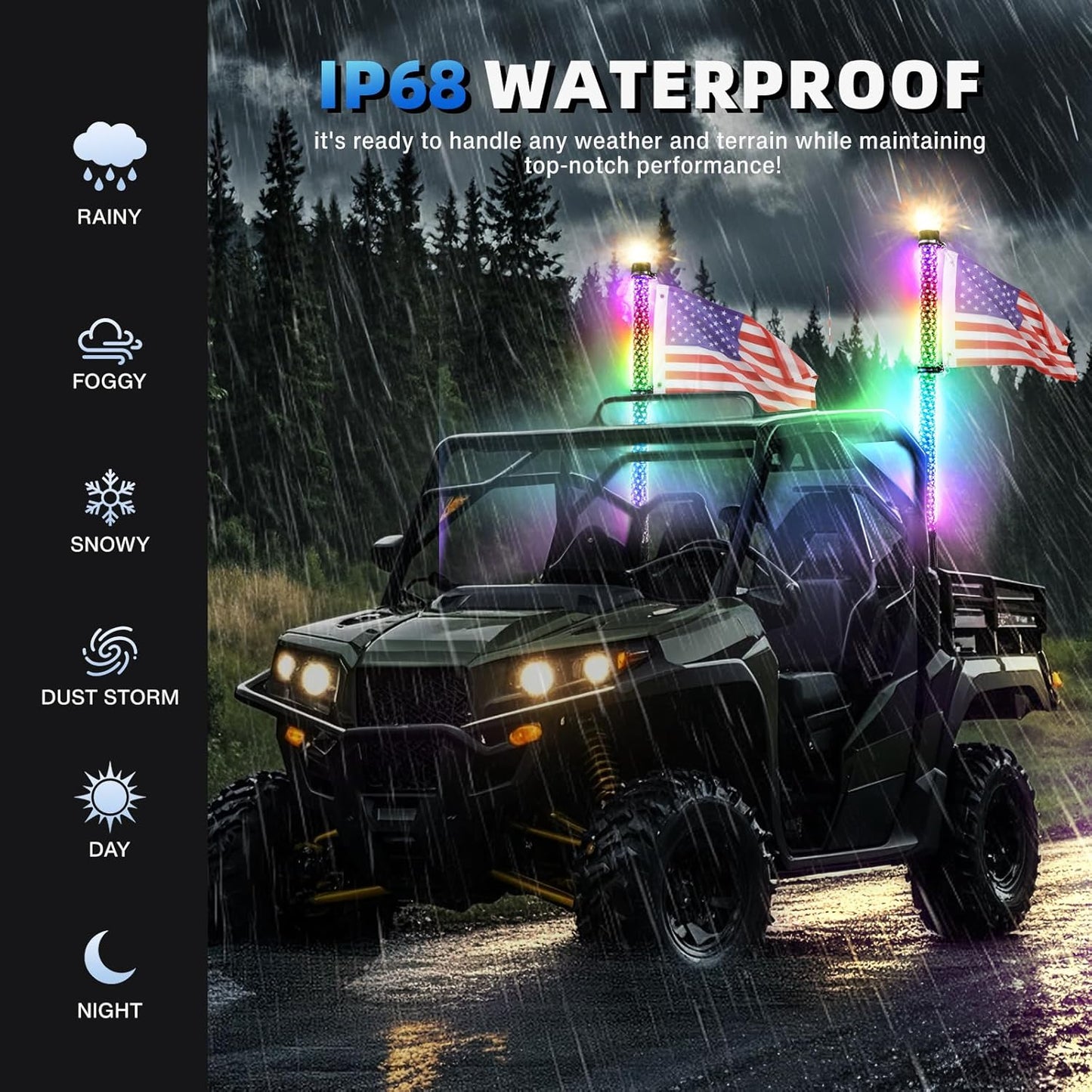 2Pack 2FT Fat Whip Lights,LED Whip Lights with Strobe Light Spiral RGB Chasing Lighted Antenna Whips W/App & Remote Control Music Whip Light for UTV ATV RZR Polaris SXS Can-Am X3 Off-Road Truck
