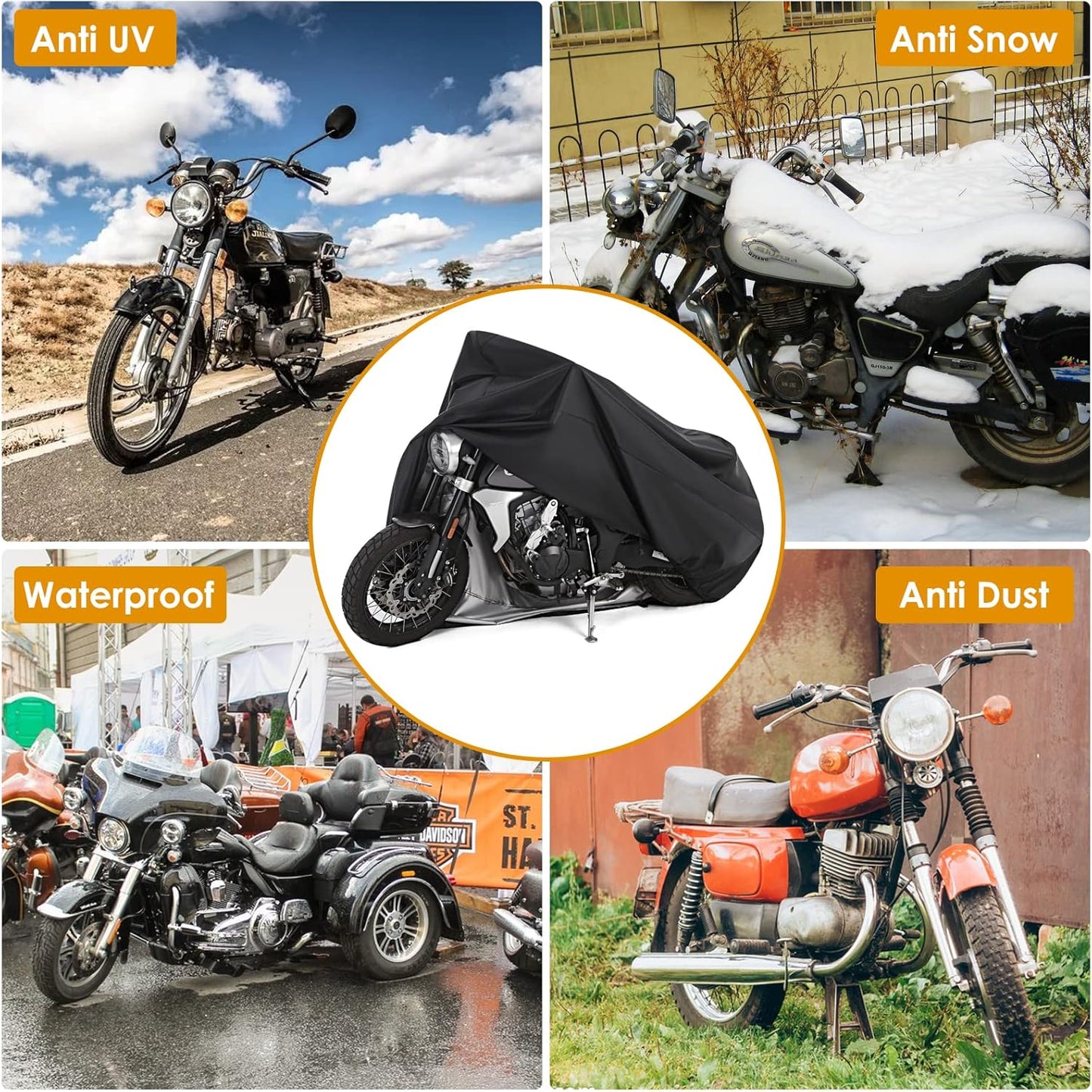 Motorcycle Cover All Season Universal Weather Waterproof Motorbike Cover with Lock-Holes & Storage Bag XXL Motorcycles Vehicle Cover for Harley Davidson, Honda, Suzuki, Kawasaki, Yamaha