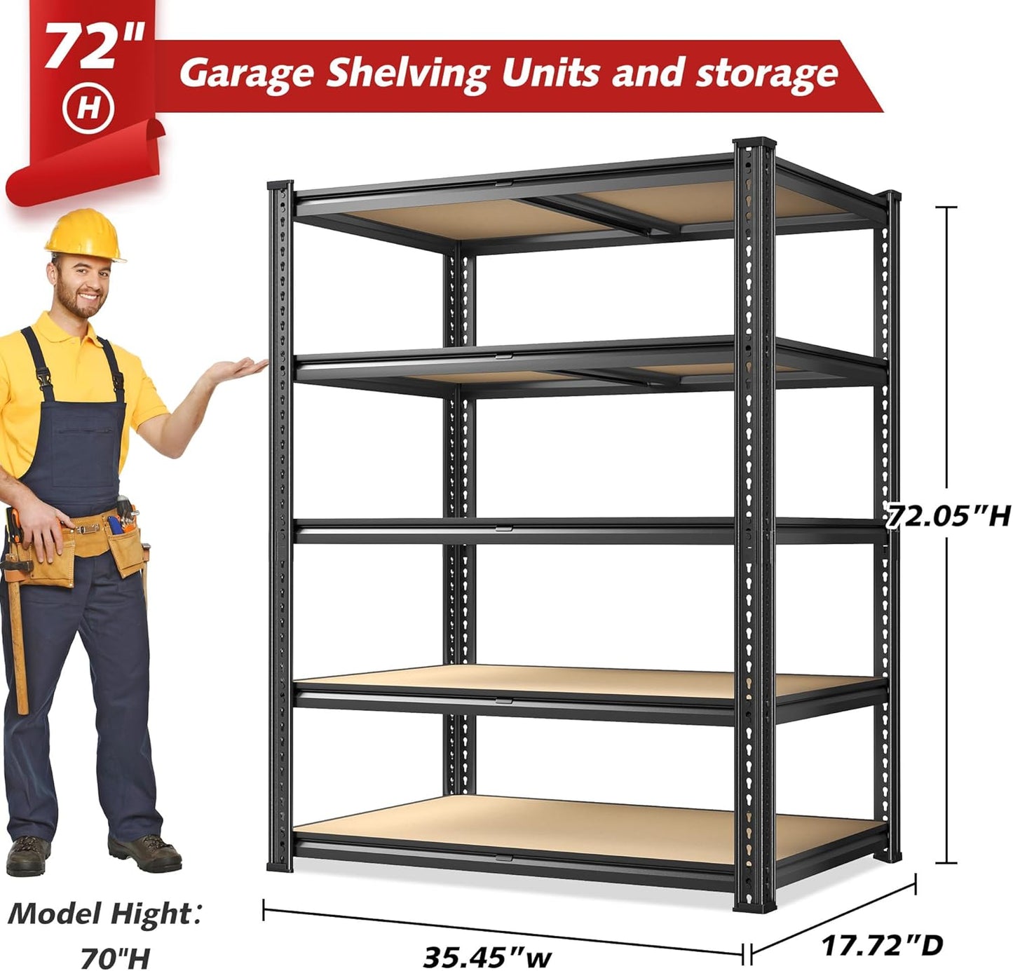 REIBII 72.05" H Storage Shelves 2300LBS Garage Shelving Heavy Duty Metal Shelving 5 Tier Garage Shelves Adjustable Metal Shelf for Kitchen Basement Pantry 35.45" W x 17.72" D x 72.05" H